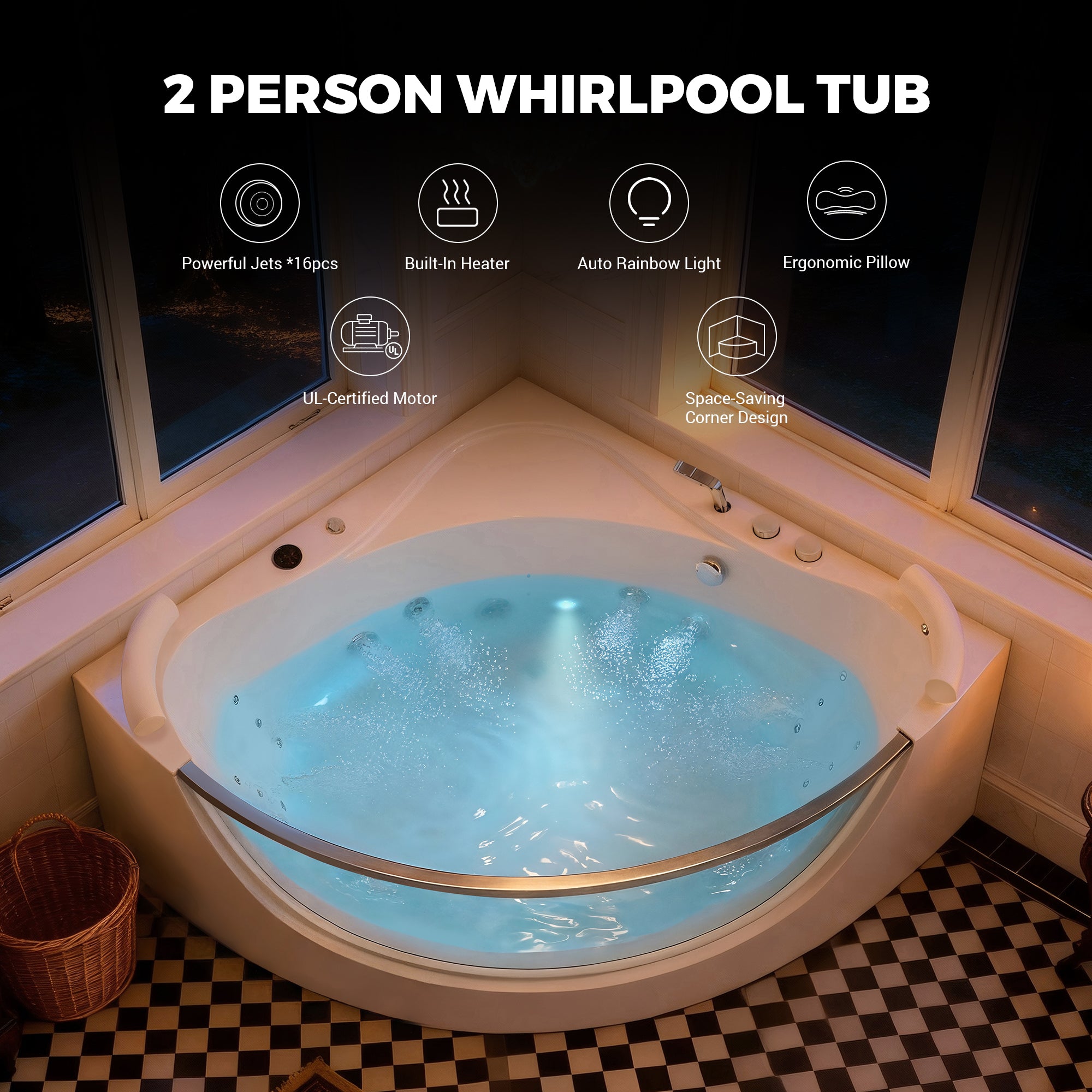 59" Acrylic Corner Whirlpool Spa Bathtub with 16 Hydro Massage Jets, Built-in Heater, LED Lighting and UL Certified