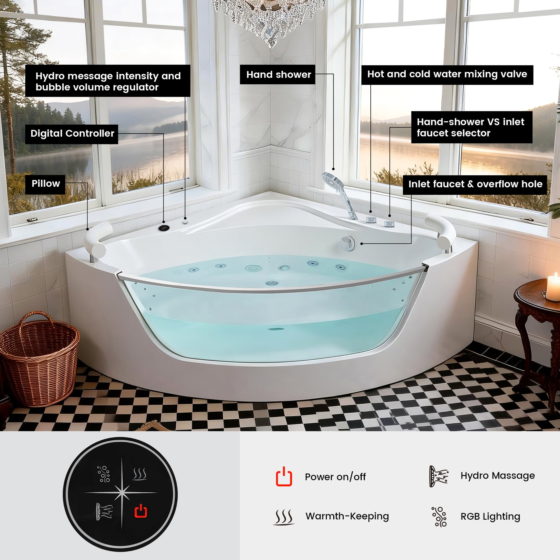 59" Acrylic Corner Whirlpool Spa Bathtub with 16 Hydro Massage Jets, Built-in Heater, LED Lighting and UL Certified