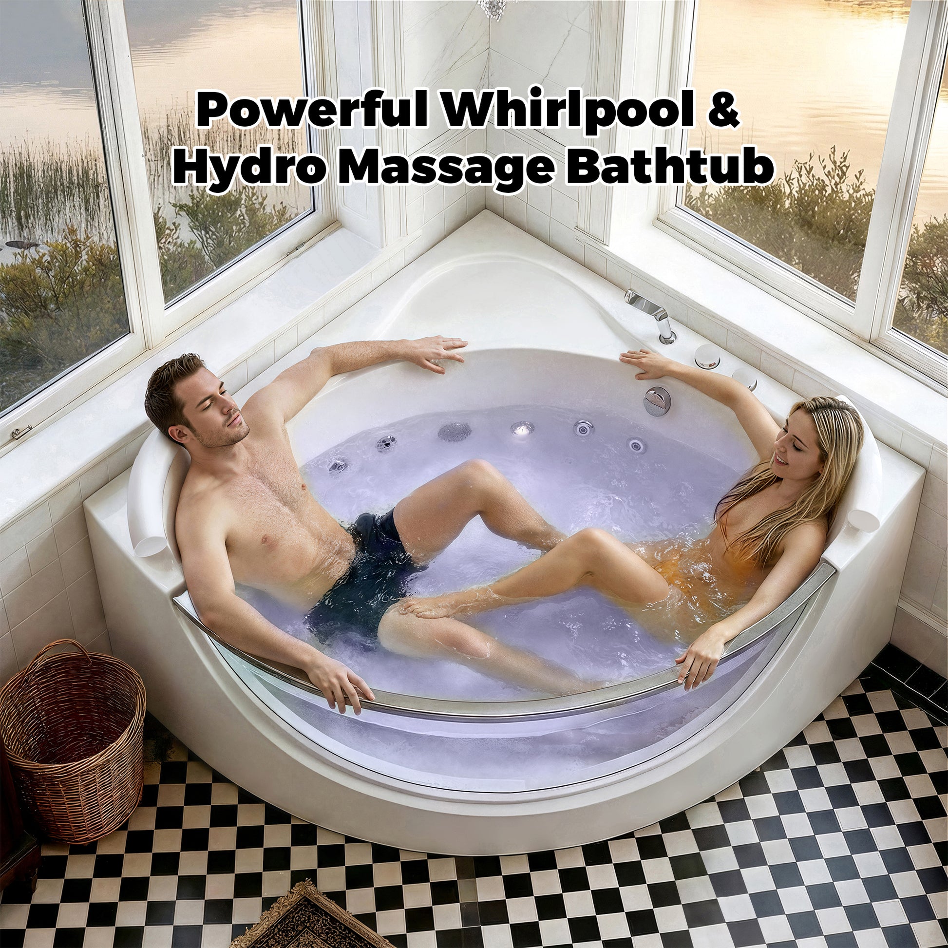 59" Acrylic Corner Whirlpool Spa Bathtub with 16 Hydro Massage Jets, Built-in Heater, LED Lighting and UL Certified