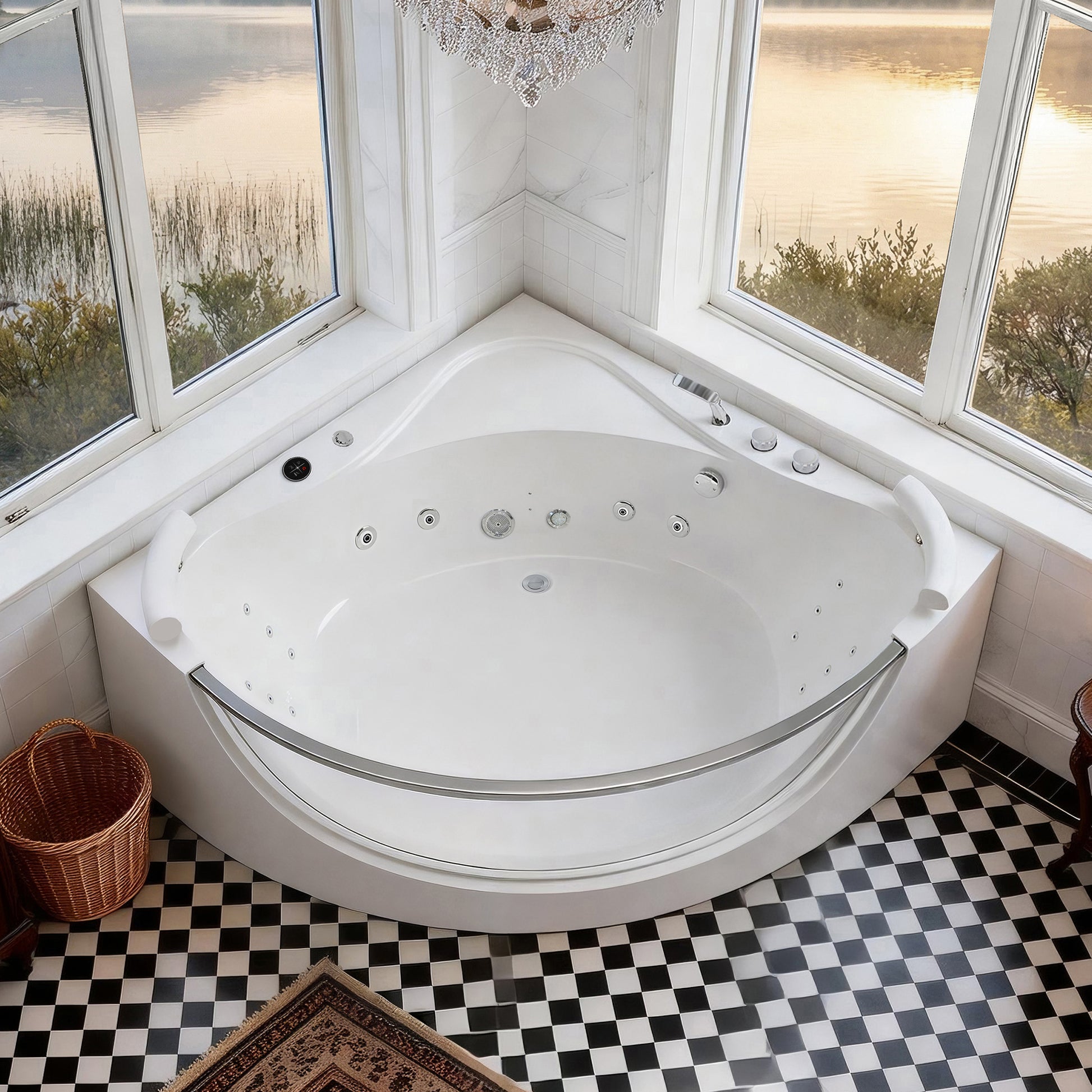59" Acrylic Corner Whirlpool Spa Bathtub with 16 Hydro Massage Jets, Built-in Heater, LED Lighting and UL Certified