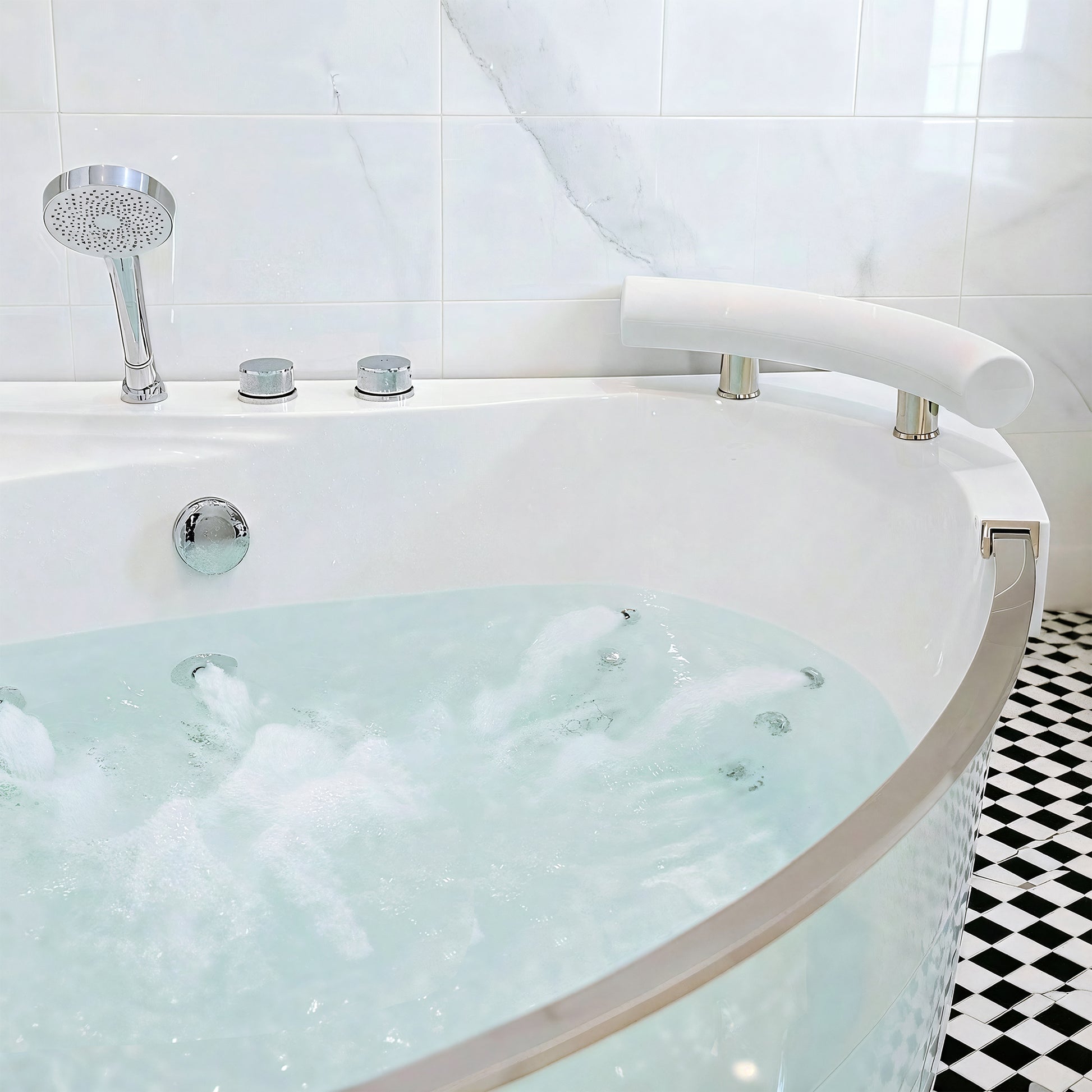 59" Acrylic Corner Whirlpool Spa Bathtub with 16 Hydro Massage Jets, Built-in Heater, LED Lighting and UL Certified