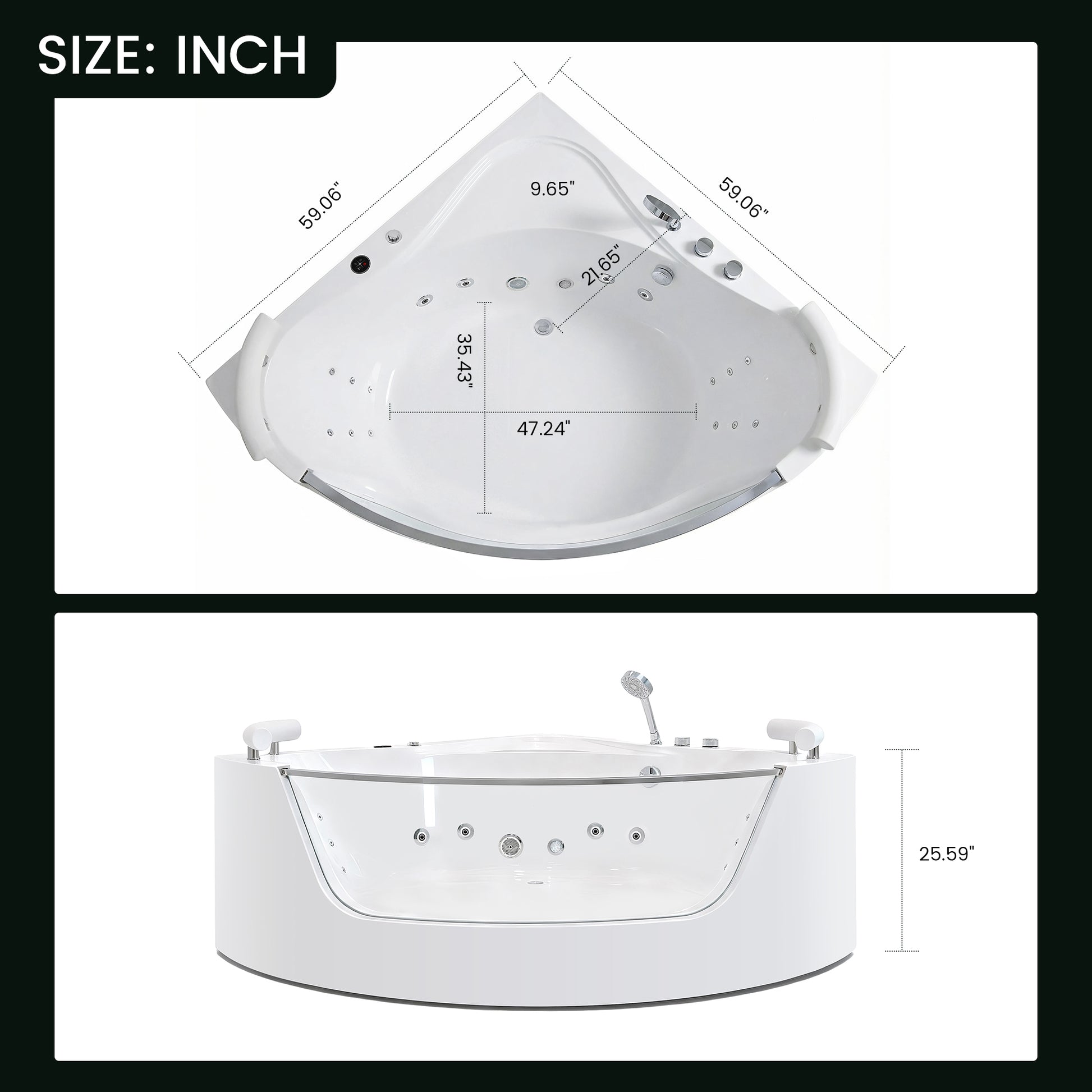 59" Acrylic Corner Whirlpool Spa Bathtub with 16 Hydro Massage Jets, Built-in Heater, LED Lighting and UL Certified