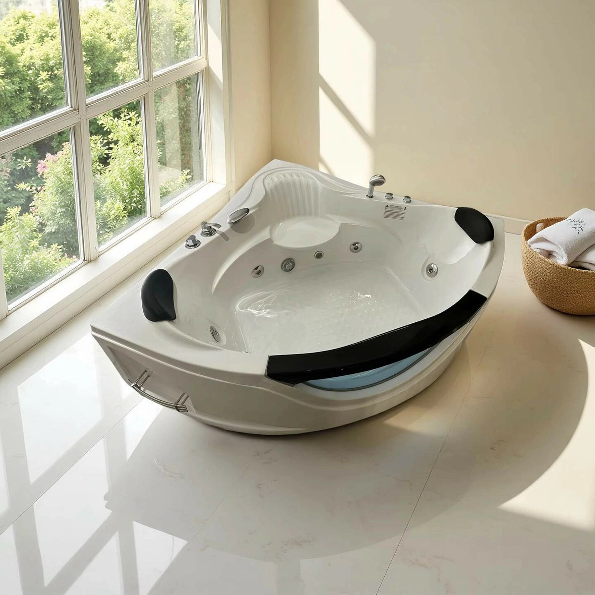 59" Corner Whirlpool Bathtub for 2 Persons with 6 Hydro Massage Jets and Chromatherapy LED Lights