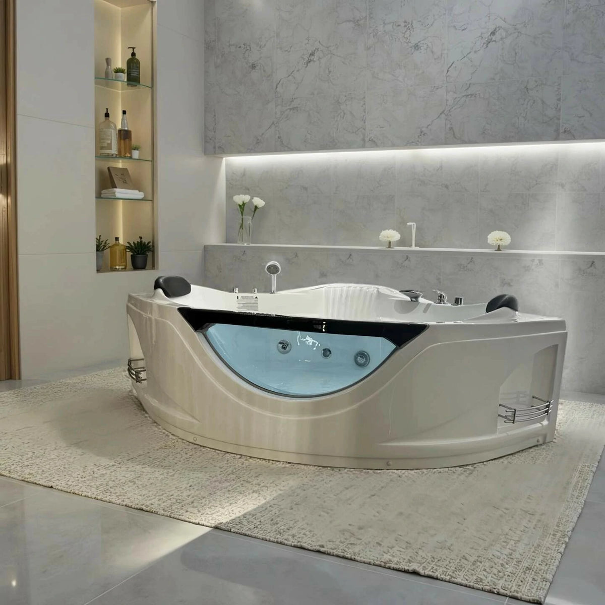59" Corner Whirlpool Bathtub for 2 Persons with 6 Hydro Massage Jets and Chromatherapy LED Lights