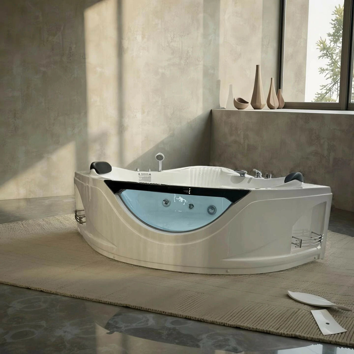 59" Corner Whirlpool Bathtub for 2 Persons with 6 Hydro Massage Jets and Chromatherapy LED Lights