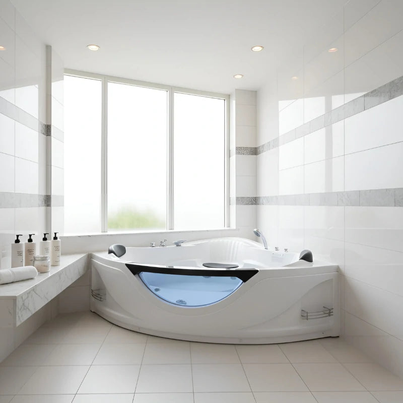 59" Corner Whirlpool Bathtub for 2 Persons with 6 Hydro Massage Jets and Chromatherapy LED Lights