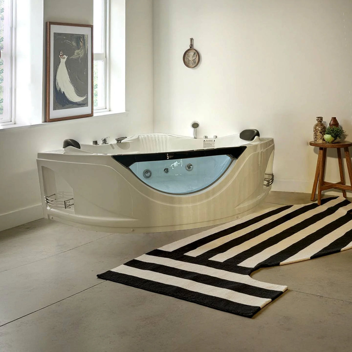 59" Corner Whirlpool Bathtub for 2 Persons with 6 Hydro Massage Jets and Chromatherapy LED Lights