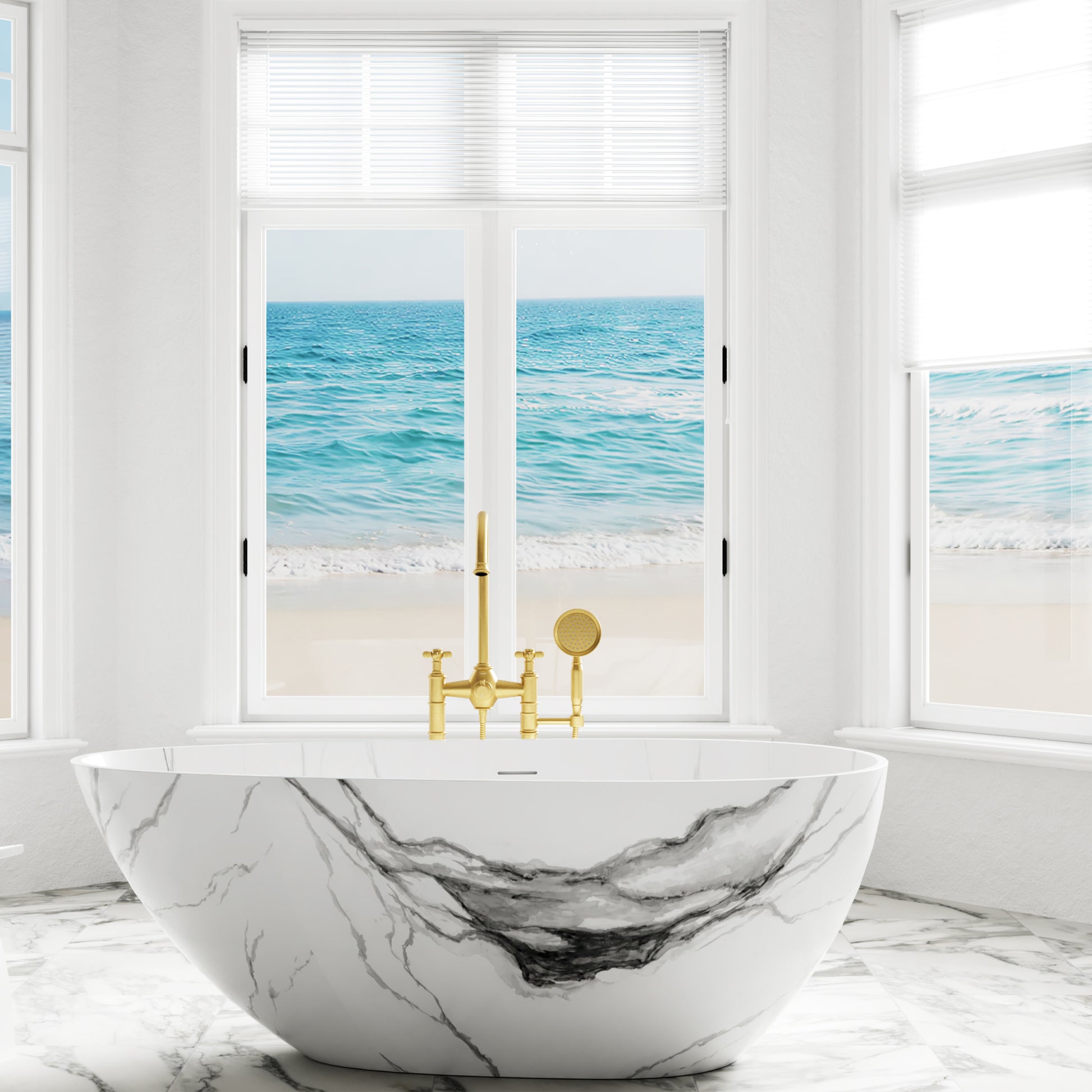 59" Egg-Shaped Solid Surface Freestanding Bathtub with Spa-Like Comfort - Veinflow