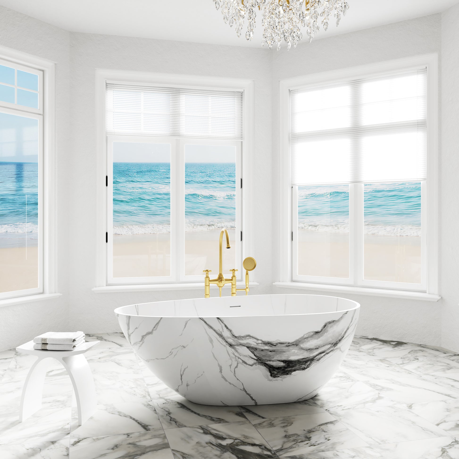 59" Egg-Shaped Solid Surface Freestanding Bathtub with Spa-Like Comfort - Veinflow