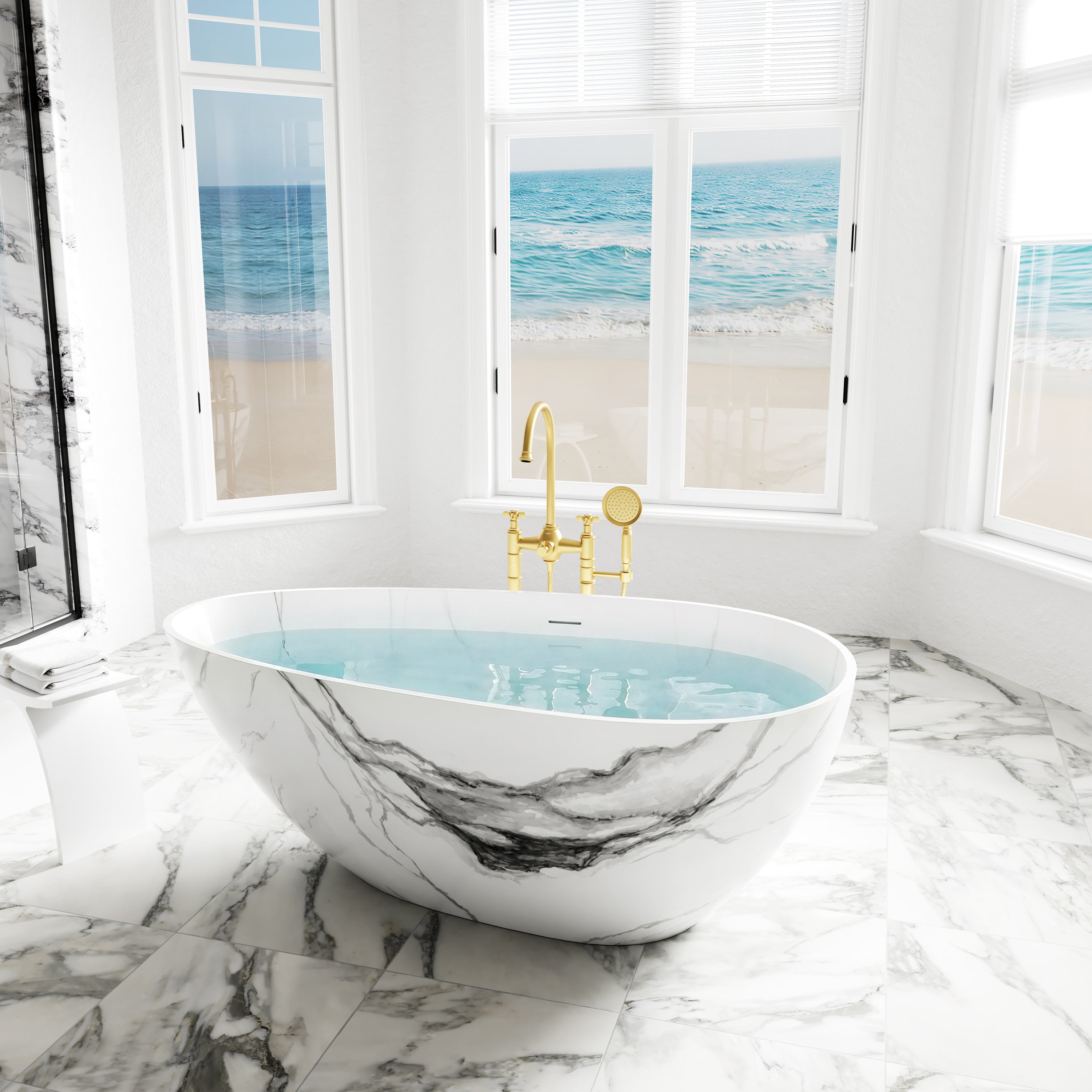 59" Egg-Shaped Solid Surface Freestanding Bathtub with Spa-Like Comfort - Veinflow