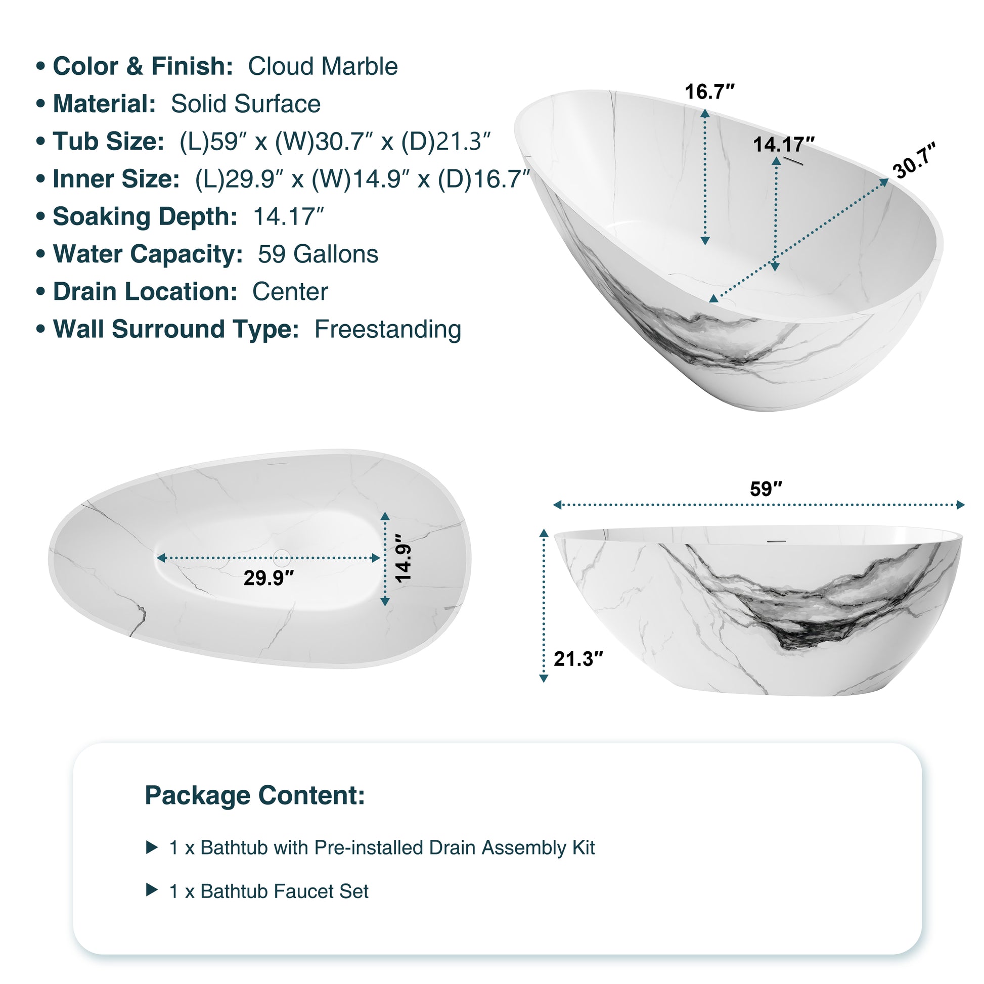 59" Egg-Shaped Solid Surface Freestanding Bathtub with Spa-Like Comfort - Veinflow