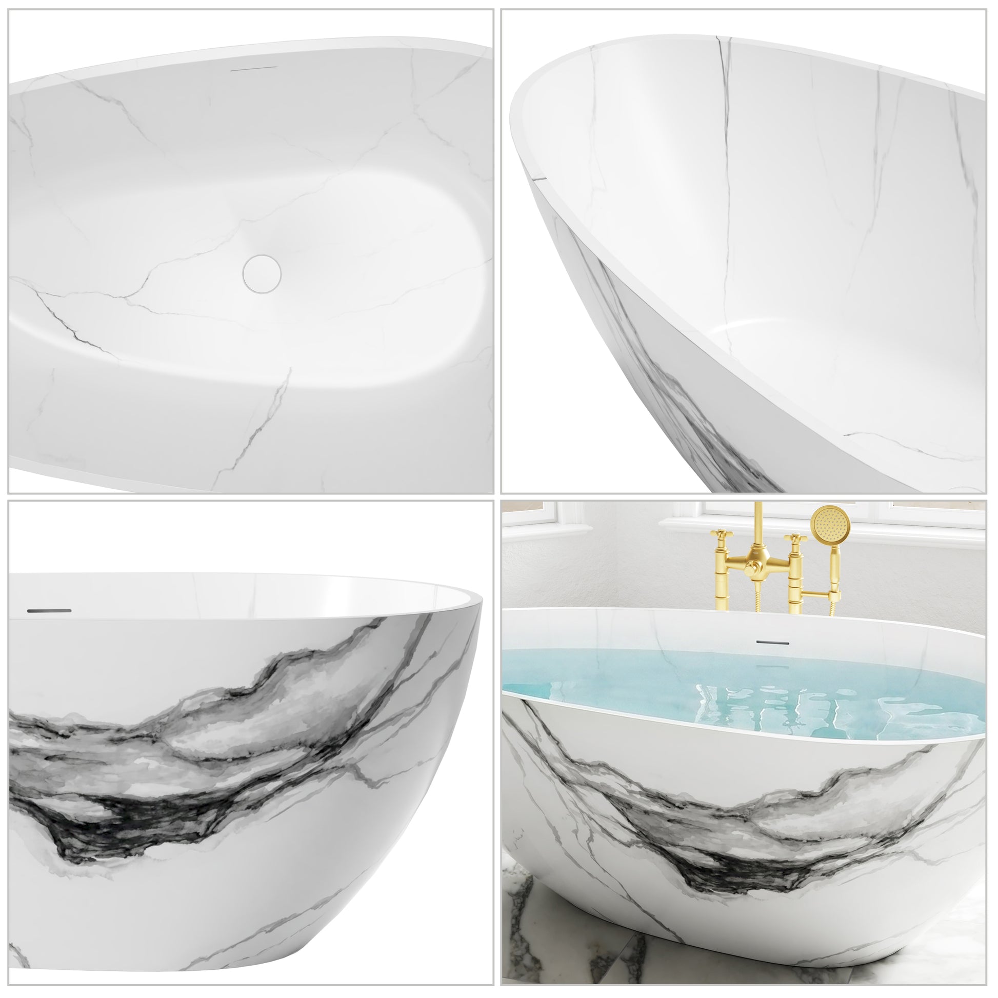 59" Egg-Shaped Solid Surface Freestanding Bathtub with Spa-Like Comfort - Veinflow