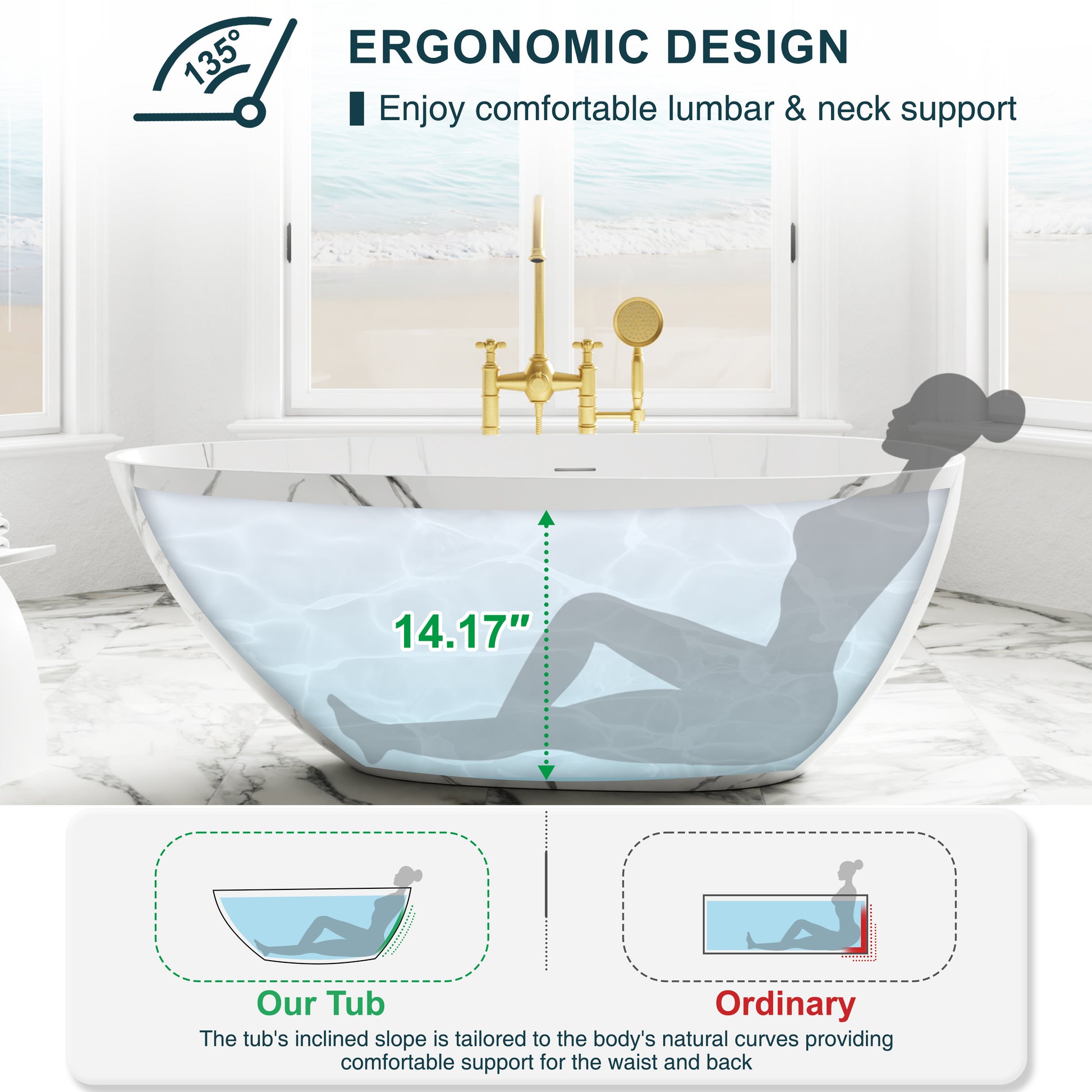 59" Egg-Shaped Solid Surface Freestanding Bathtub with Spa-Like Comfort - Veinflow