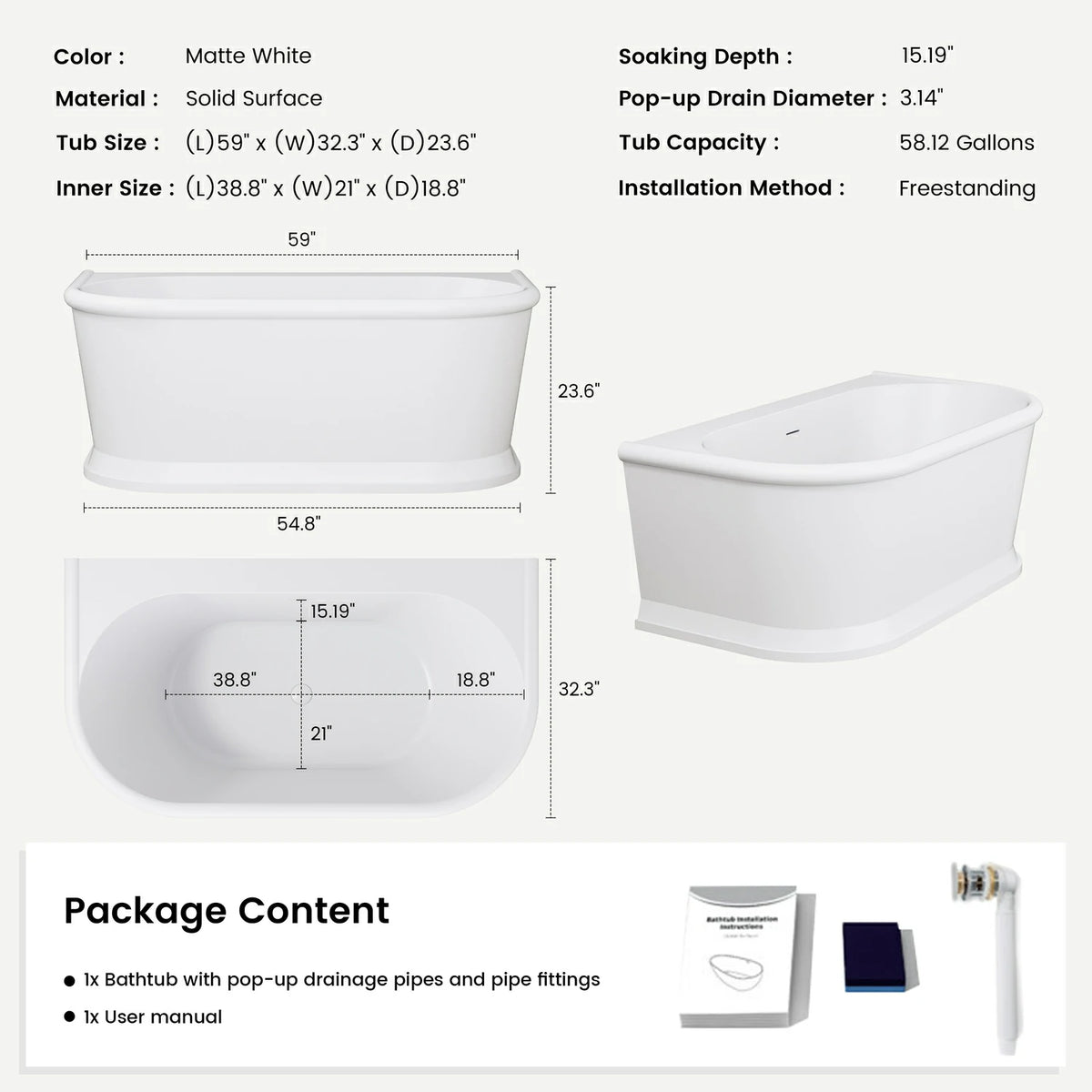 59" Solid Surface Resin Stone Freestanding Soaking Bathtub