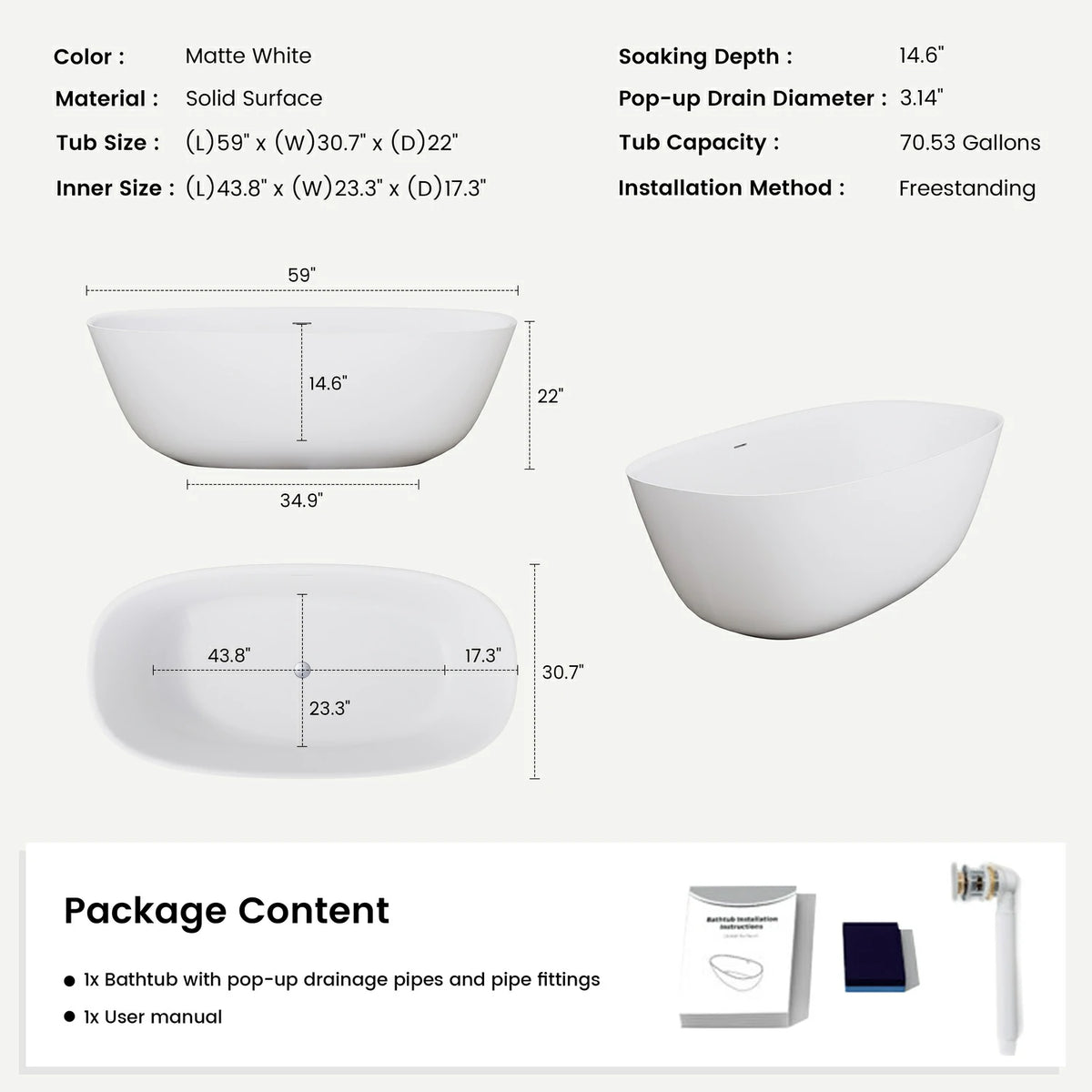 59FreestandingSolidSurfaceSoakingBathtubwithCenterOverflow