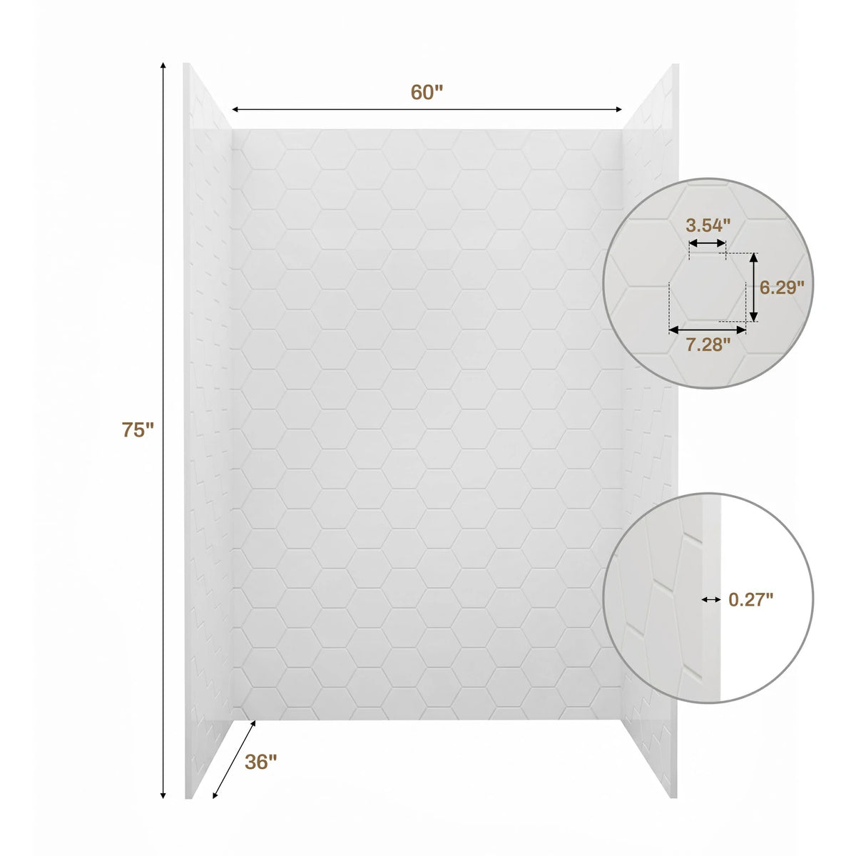 60" White Glossy Hexagon Shower Wall, Artificial Stone Shower Panel