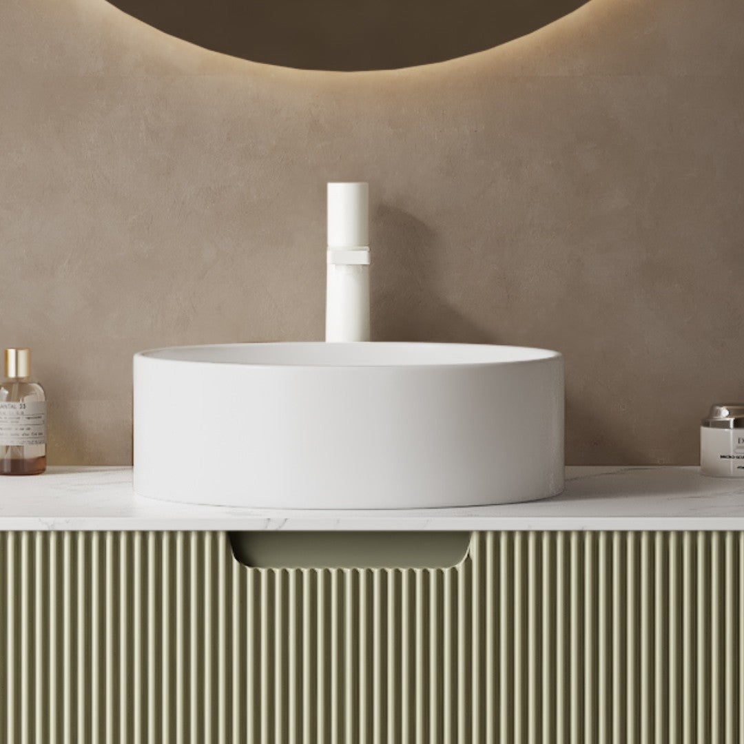 14 in. Round Ceramic Vessel Bathroom Sink in Glossy White / Stone Pattern Matte White