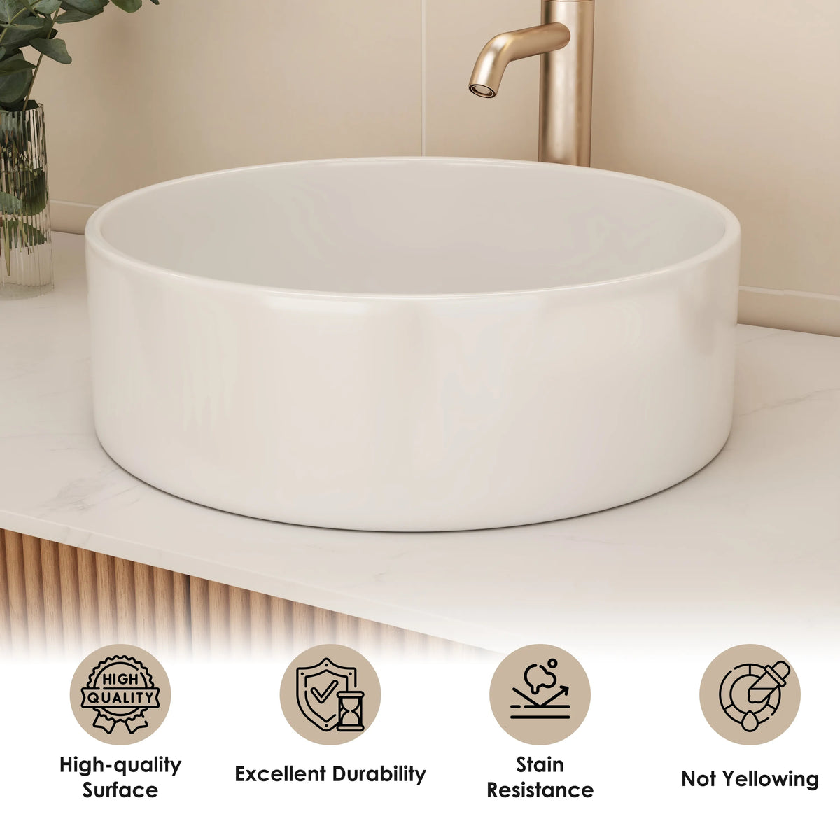 14 in. Round Ceramic Vessel Bathroom Sink in Glossy White / Stone Pattern Matte White