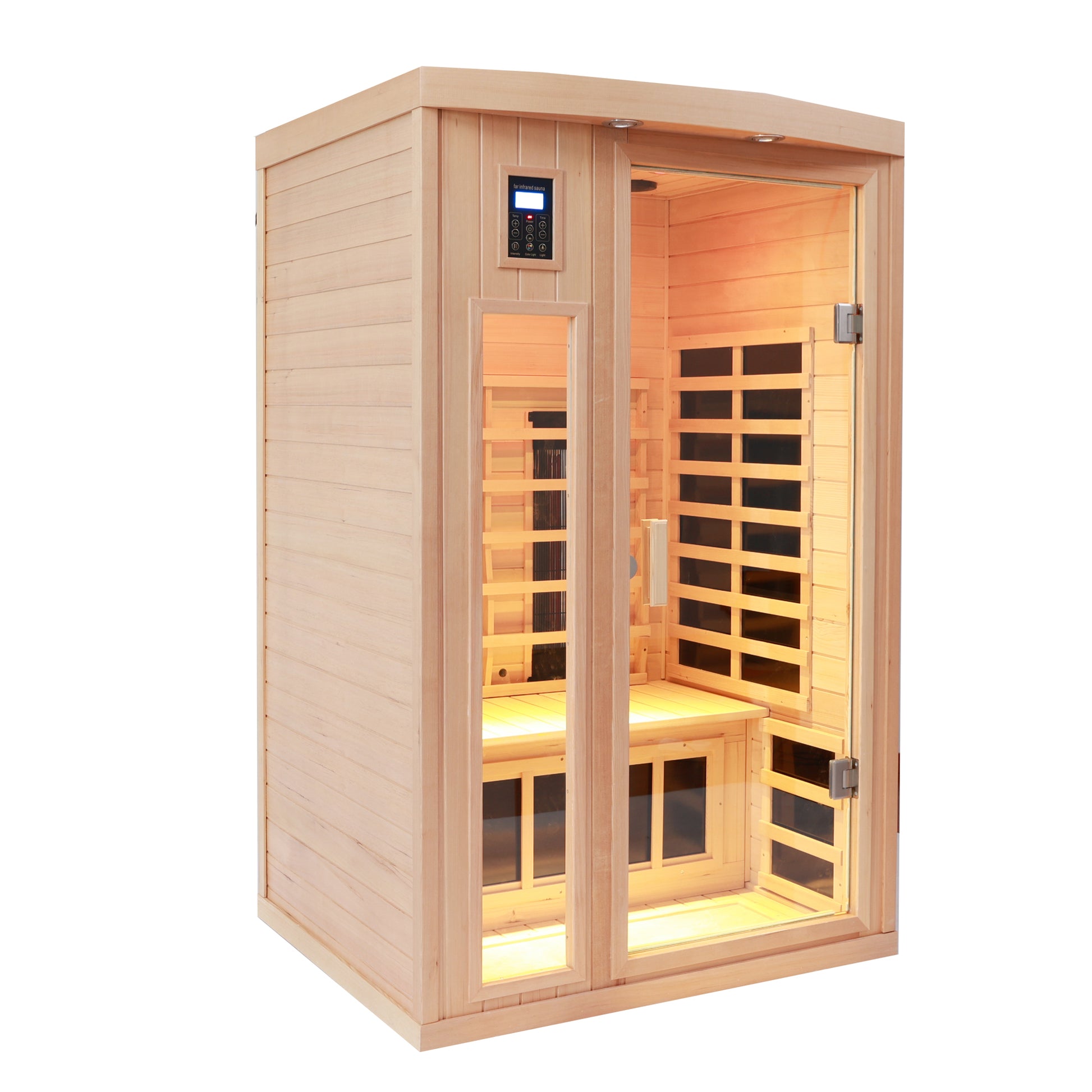 2-Person Hemlock Far Infrared Sauna with Bluetooth Audio, Reading Lights, Color Lighting and Exterior Lighting