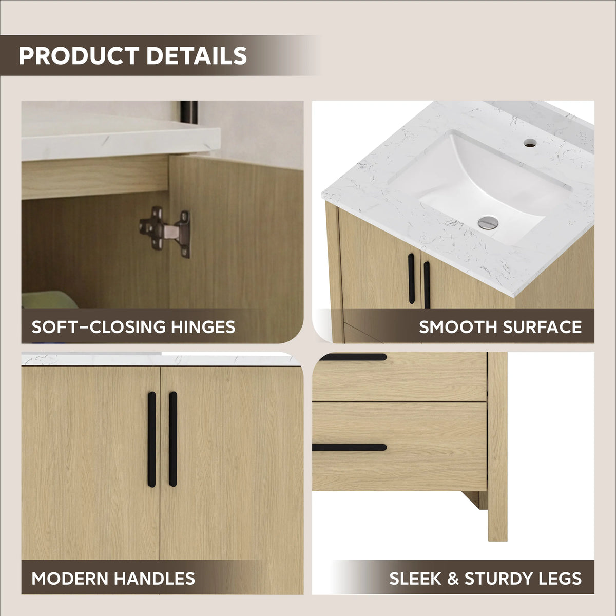 24"/36" Single Sink Bathroom Vanity with Light Natural Wood & Marble Top