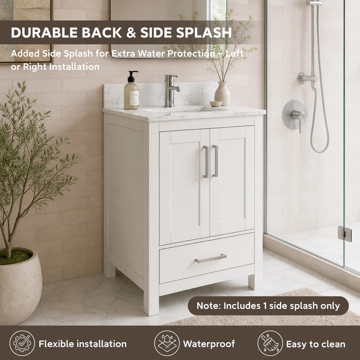 24" Freestanding Single Sink Bathroom Vanity with Solid Wood Frame & Engineered Stone Top
