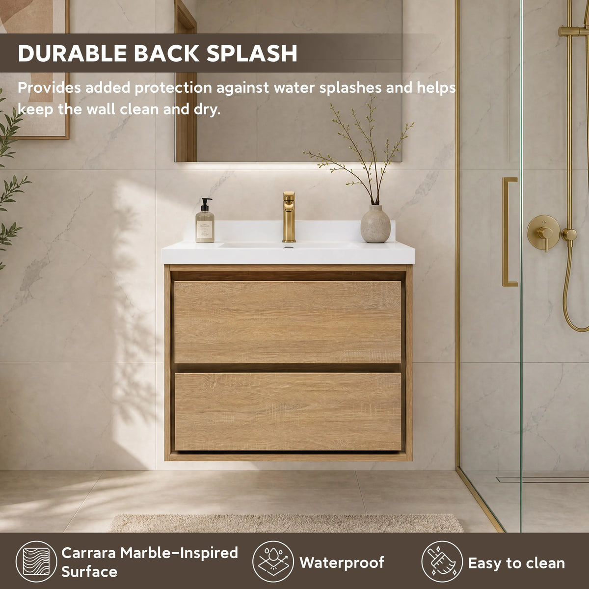 30" Wall-mount Single Sink Bathroom Vanity with Marble Top