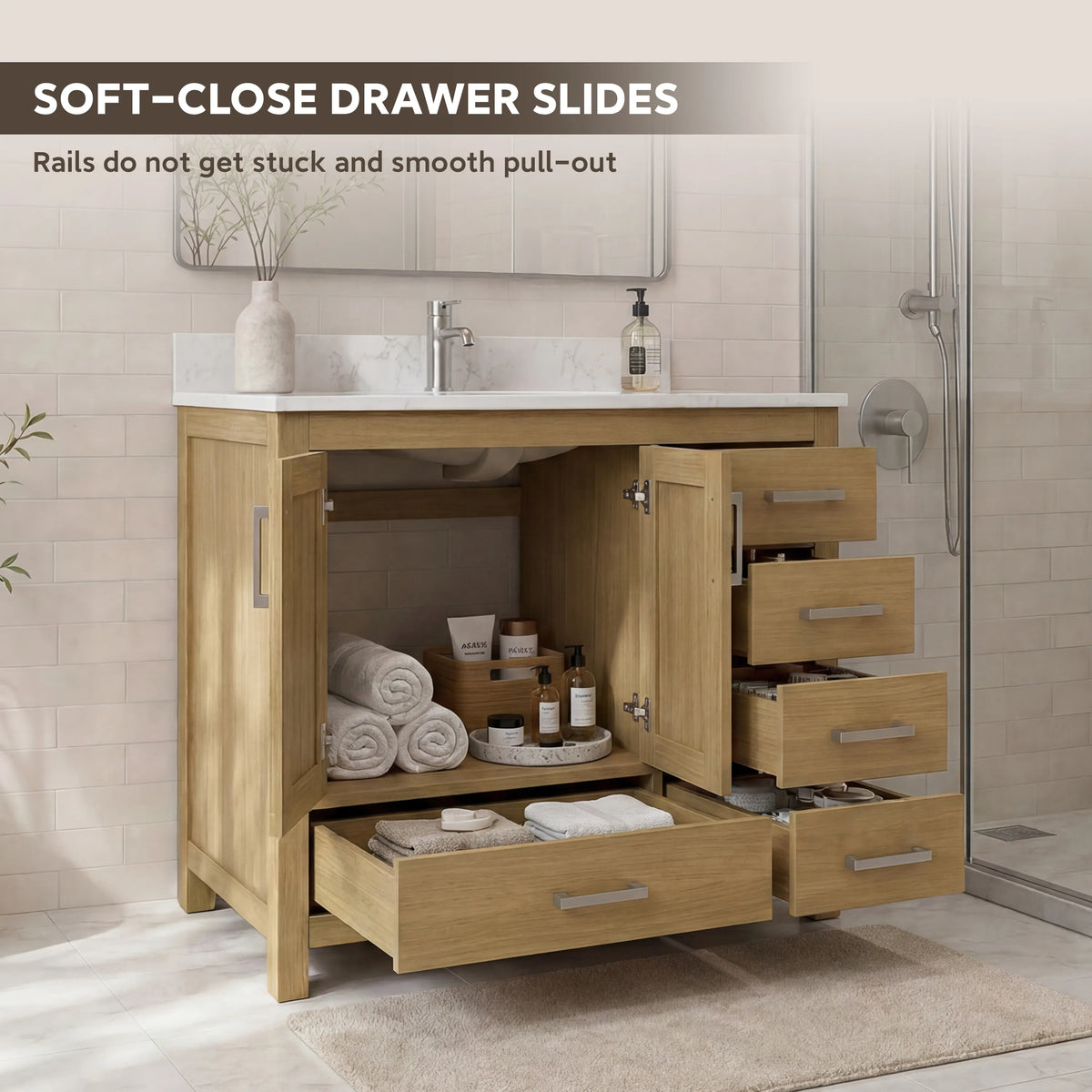 42"/55"/60"/72"/84" Warm Oak Freestanding Bathroom Vanity with Solid Wood Construction