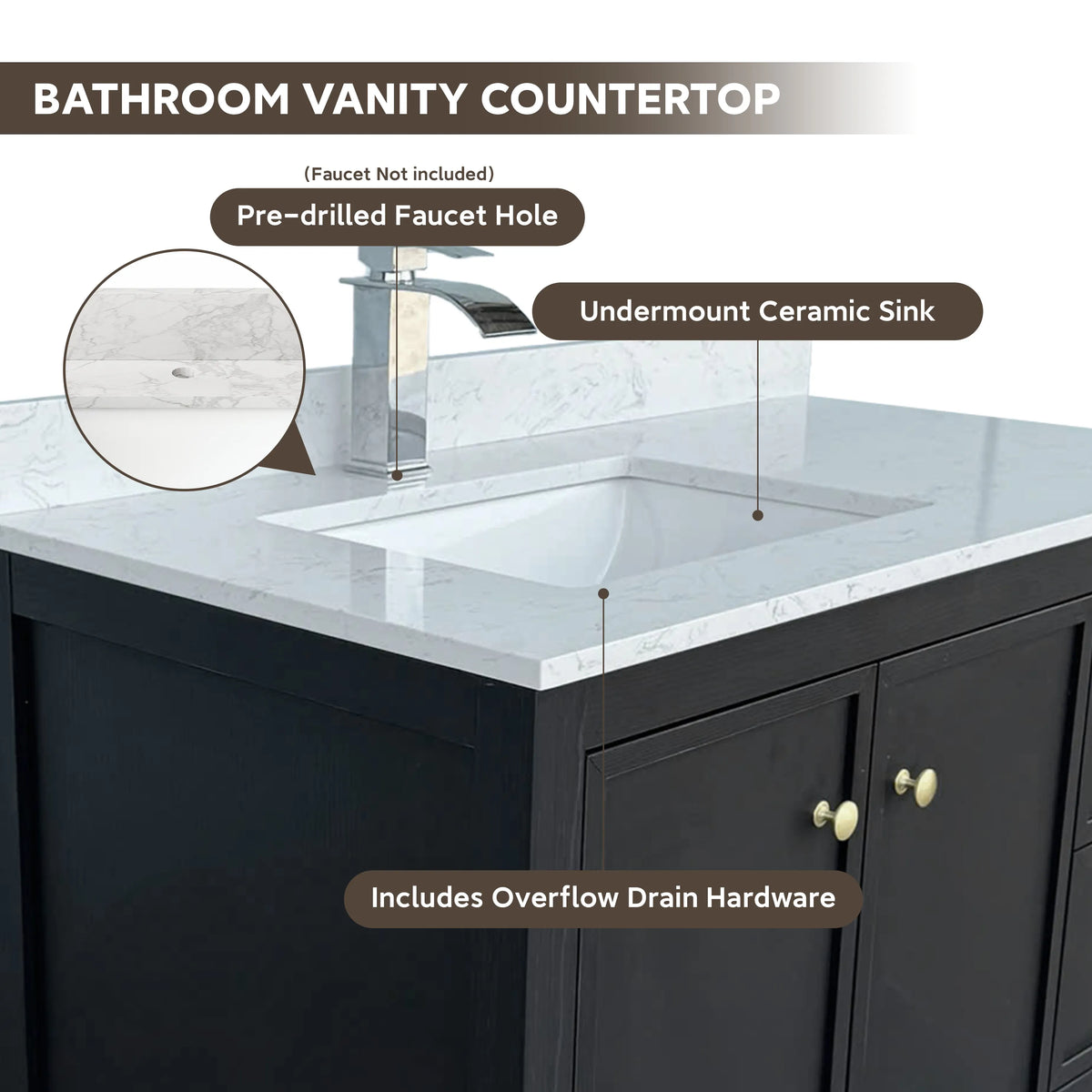 42" Matte Black Bathroom Vanity with Single Sink & Marble Top