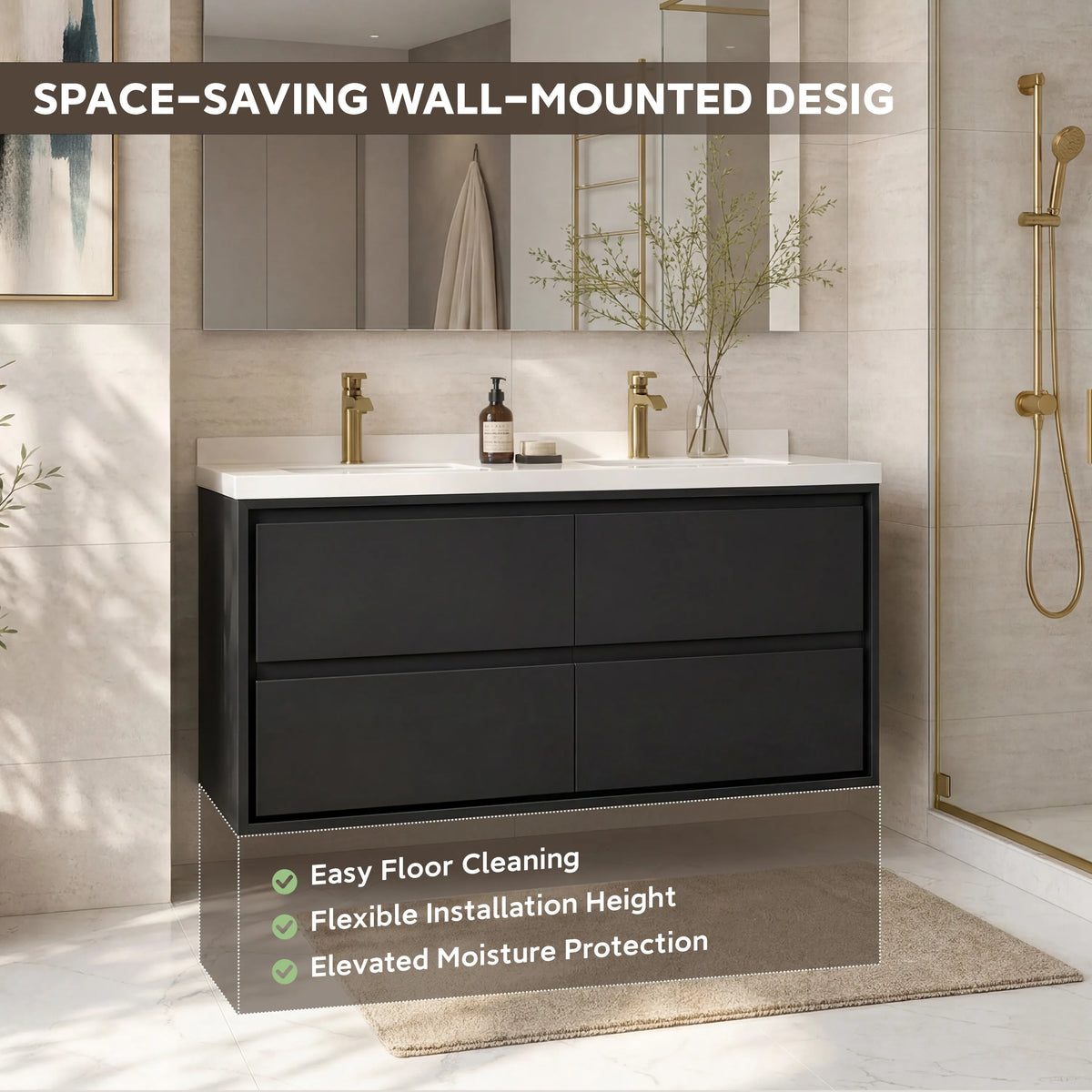 48" Matte Black Wall-mount Bathroom Vanity with Double Sink & Marble Top
