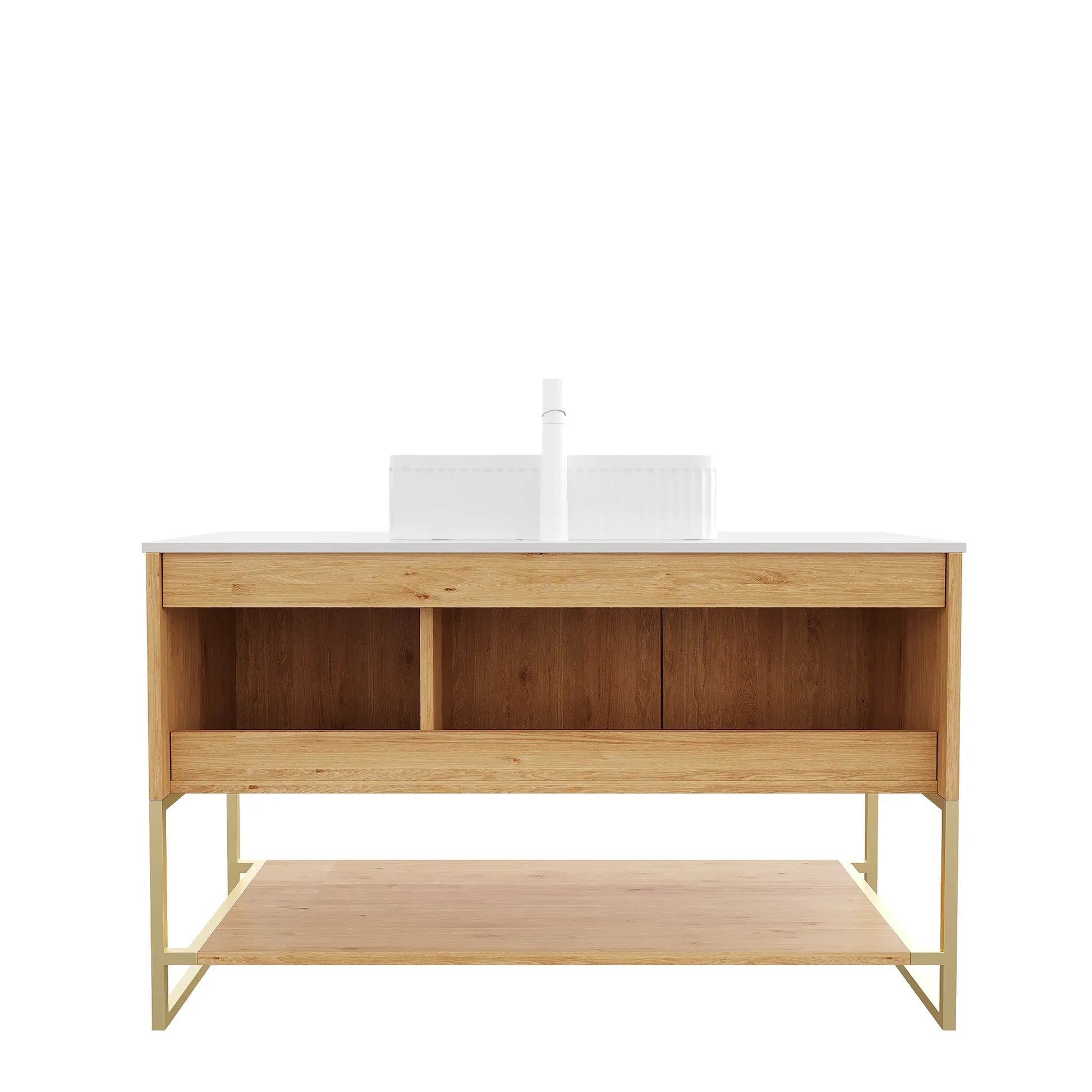 48" Woodgrain Freestanding Bathroom Vanity with White Ceramic Vessel Sink and Carrara White Sintered Stone Top