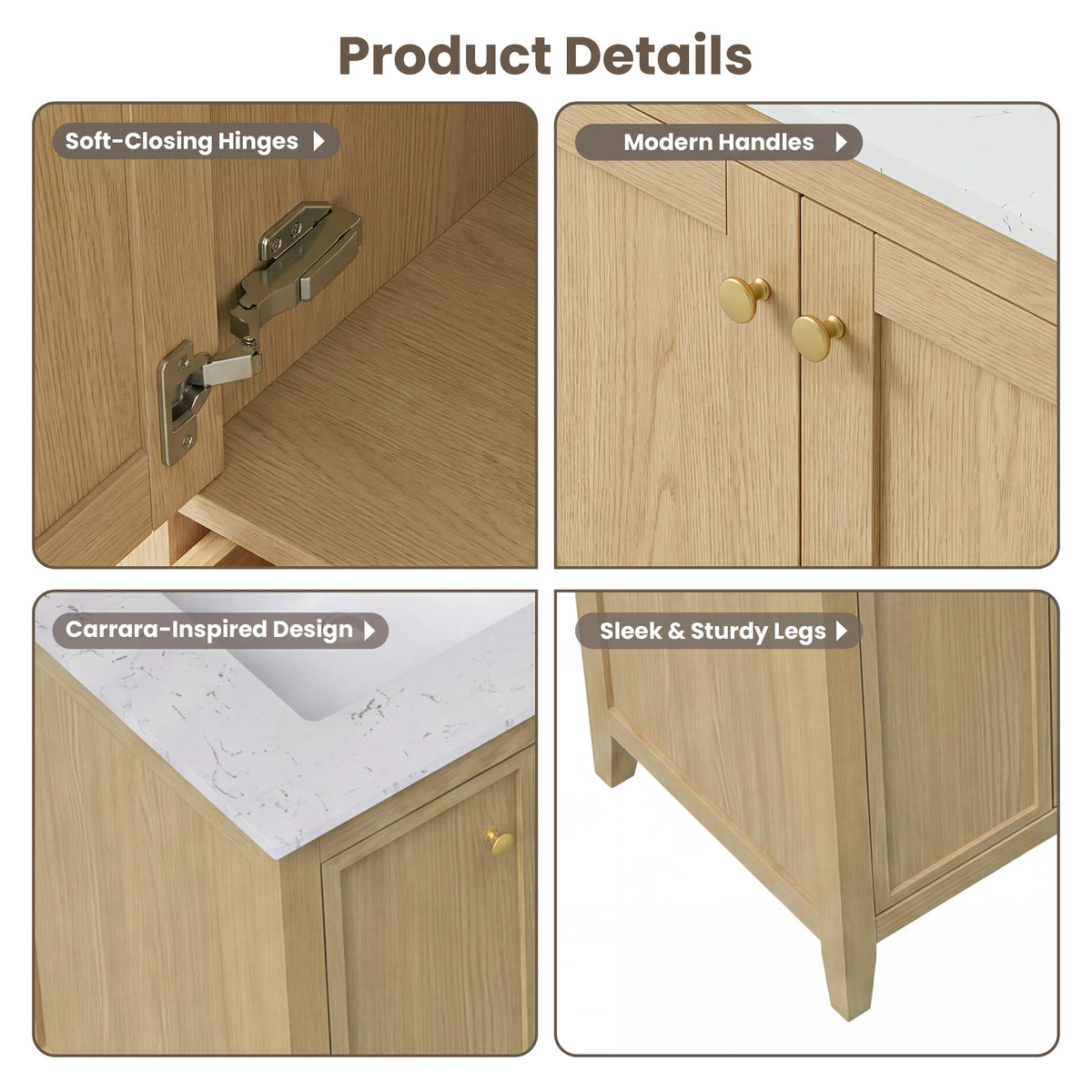 54" Light Oak Freestanding Bathroom Vanity with Double Sink & Marble Top