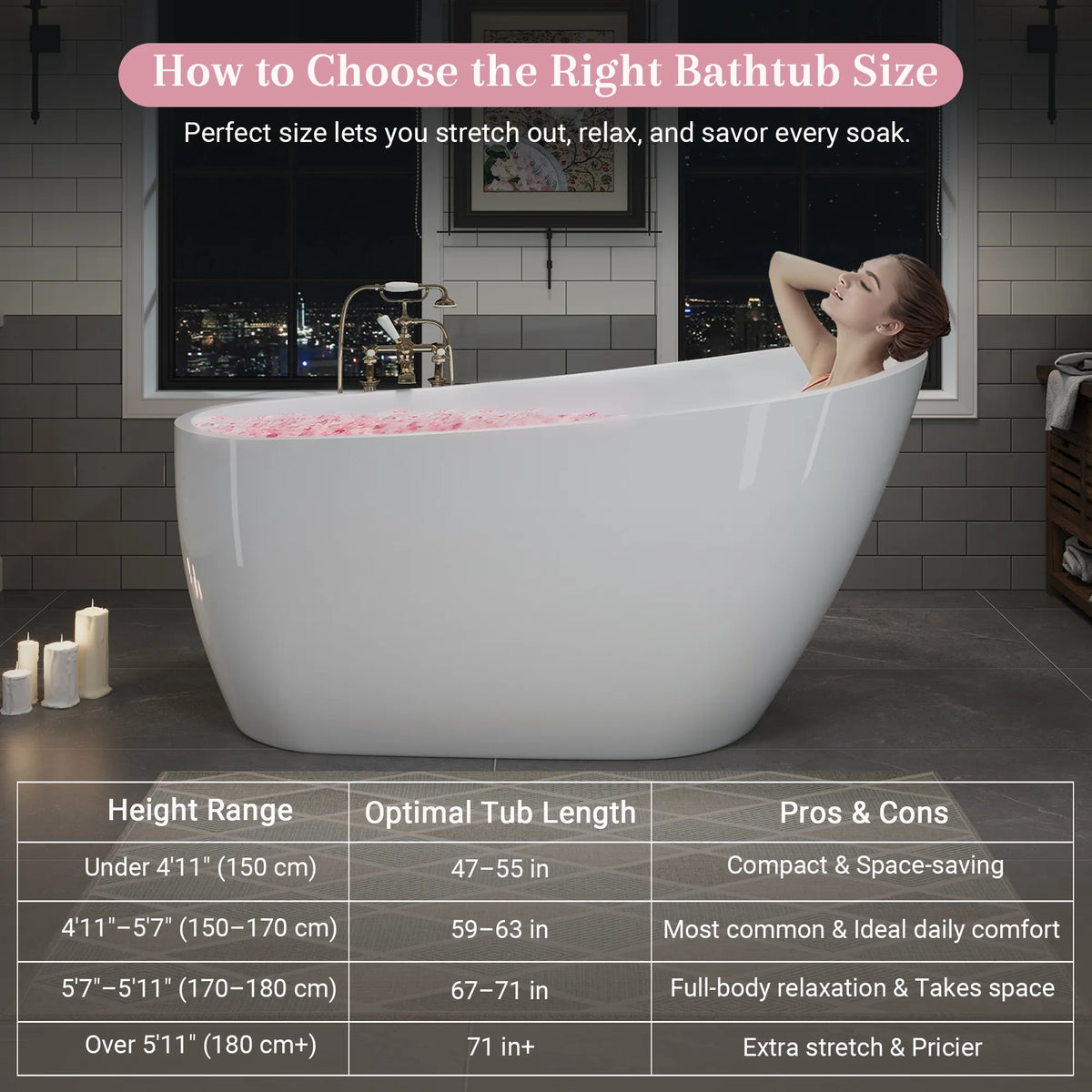 55"/59"/63" Glossy White Acrylic Freestanding Soaking Bathtub with Slipper design