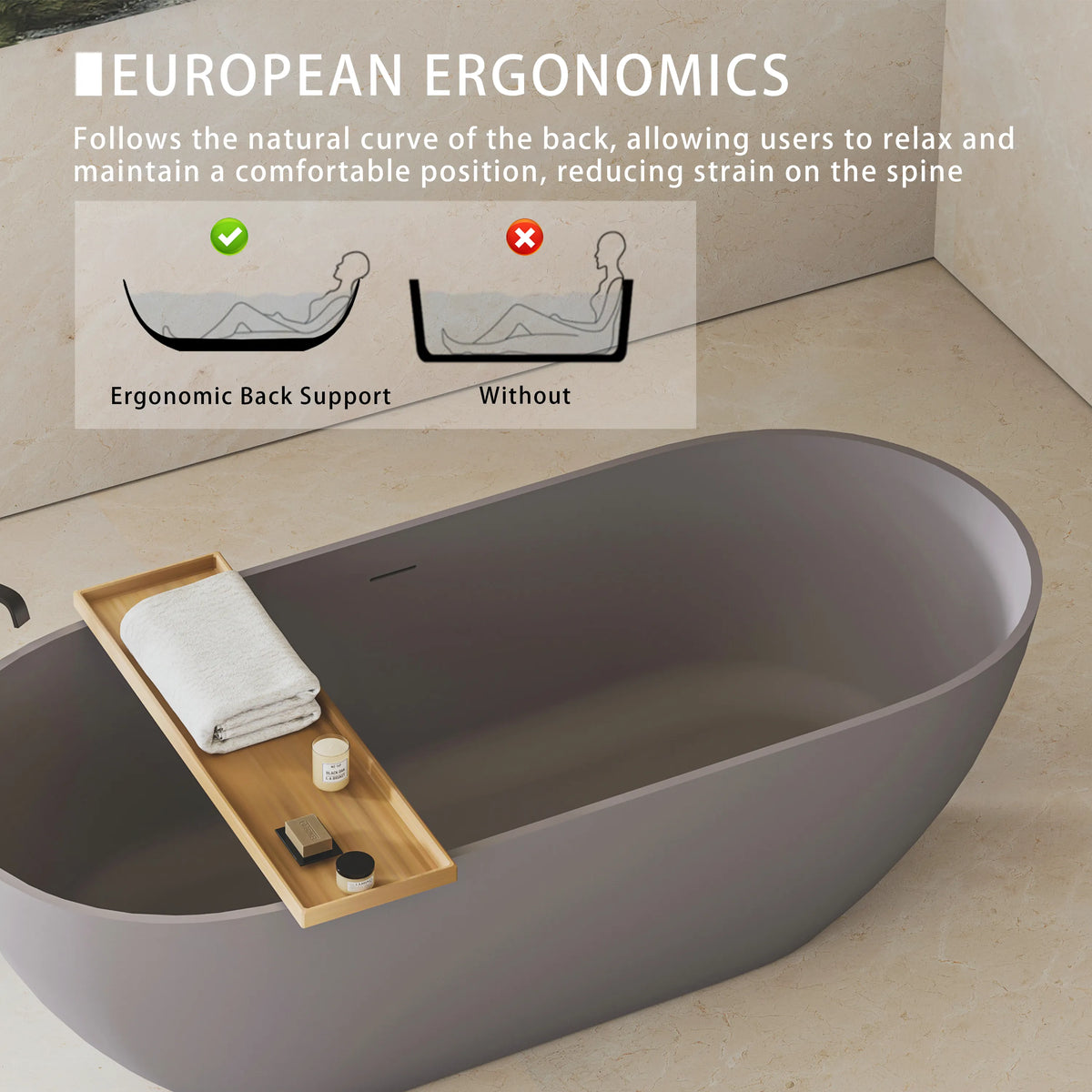 59" Matte Gray Solid Surface Freestanding Soaking Bathtub with Overflow & Pop-Up Drain