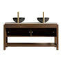 60" Dark Walnut Freestanding Bathroom Vanity with Double Black Stone-Pattern Vessel Sinks and Carrara White Sintered Stone Top