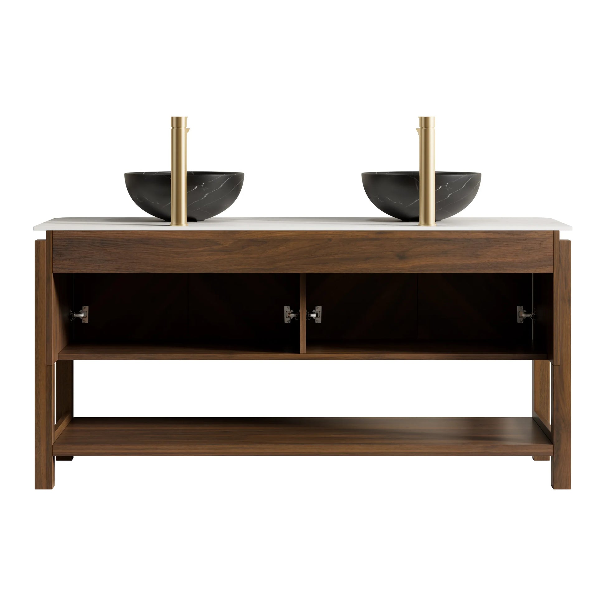 60" Dark Walnut Freestanding Bathroom Vanity with Double Black Stone-Pattern Vessel Sinks and Carrara White Sintered Stone Top