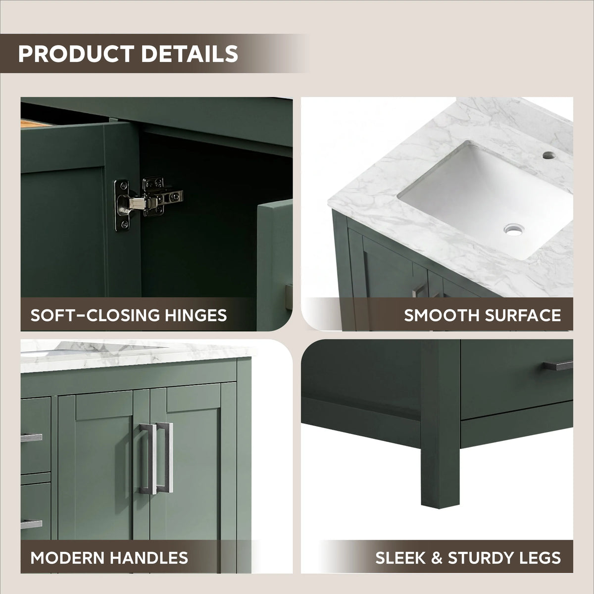 60" Deep Olive Green Double Sink Bathroom Vanity with Engineering Stone Top & 2 Basins