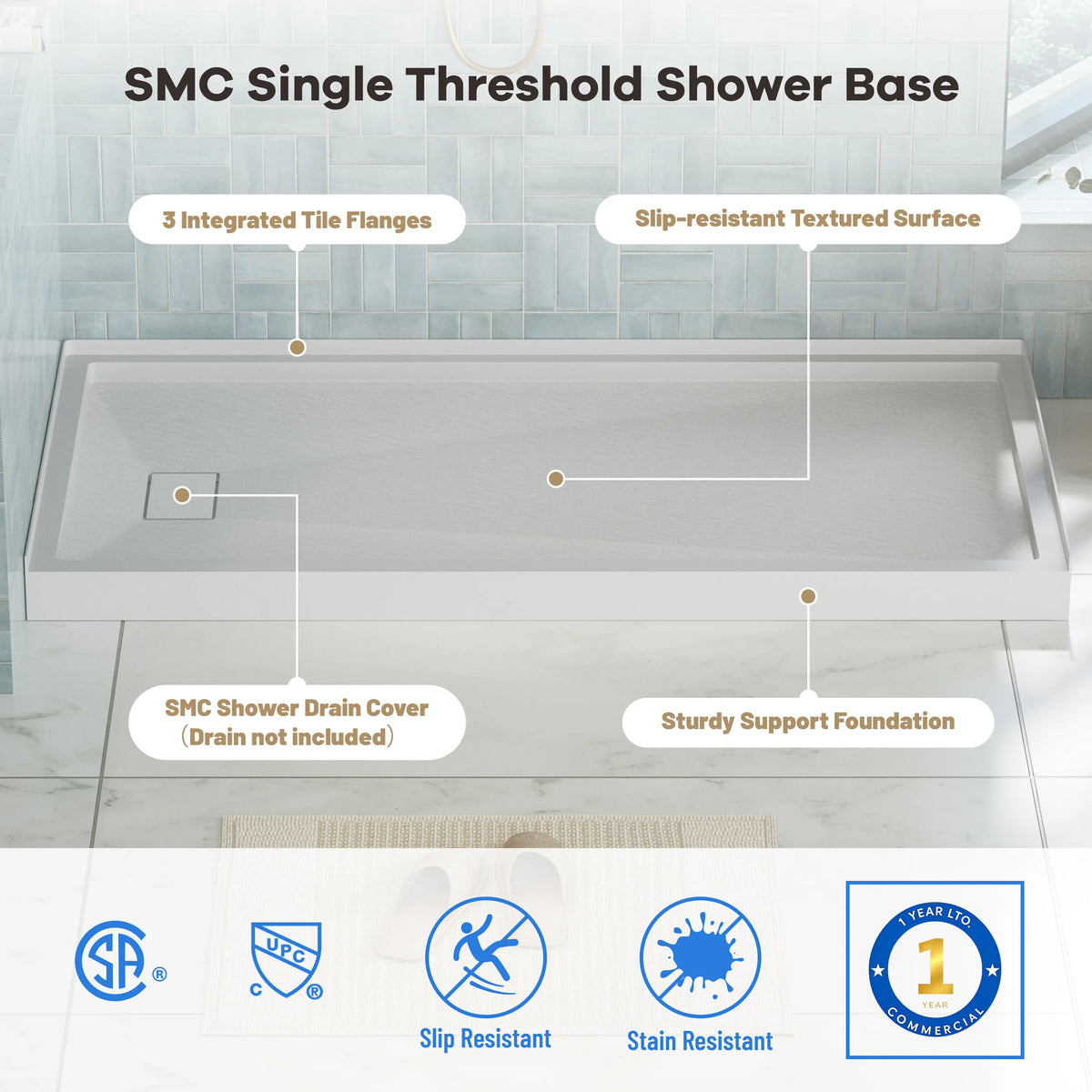 60"x30"/32" Grey One-Piece SMC Shower Pan Base with Anti-Slip Texture