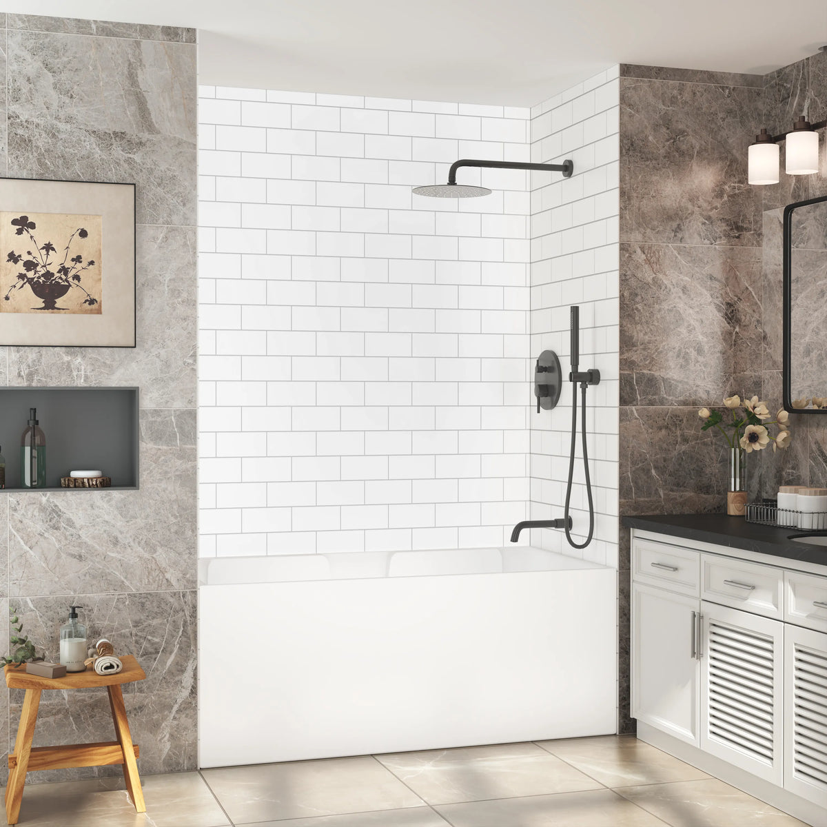 60"x32"x96" Matte/Glossy Surface SMC Shower Wall Panel Kit with Small Subway Tile Pattern