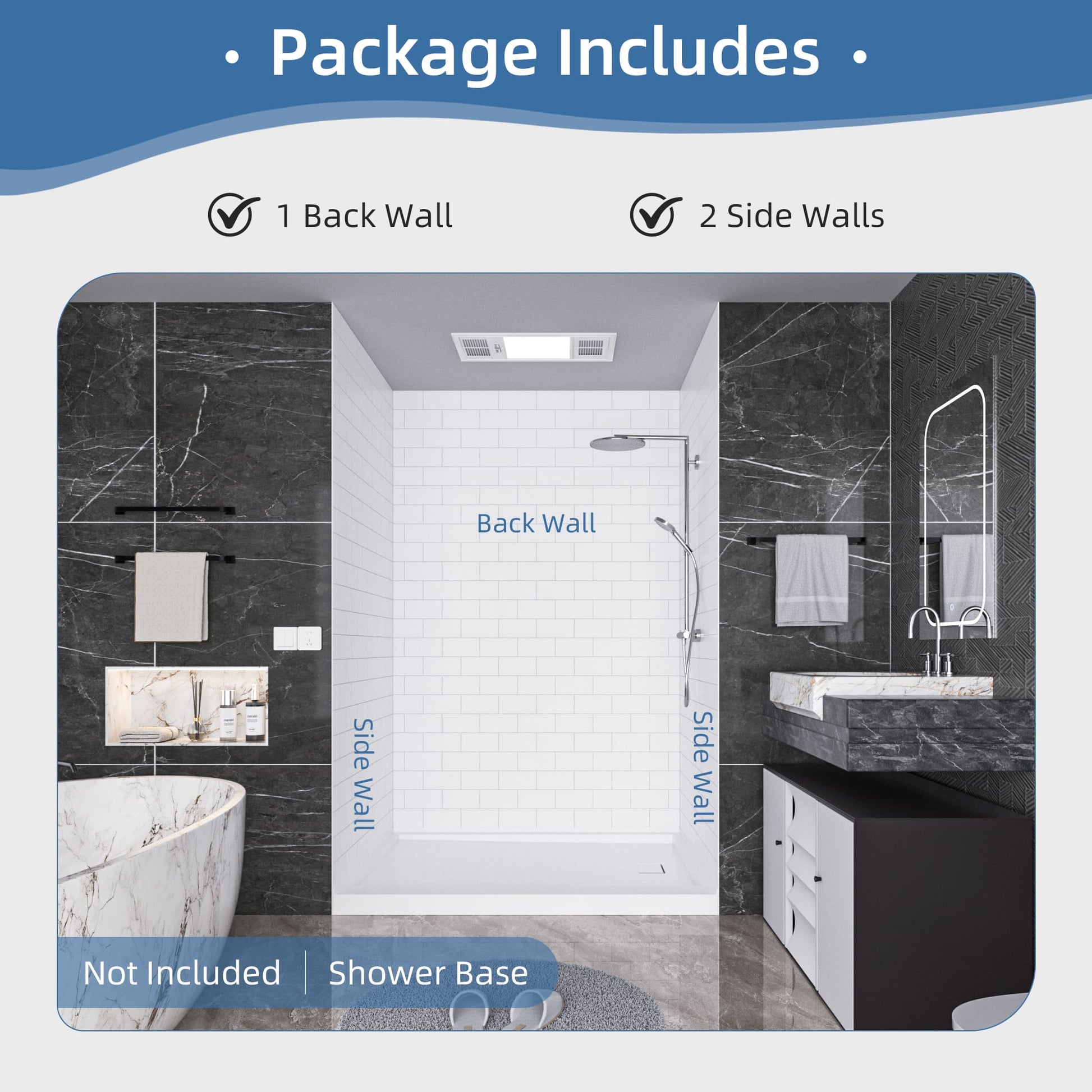 60"x32"x96" SMC Shower Wall Panel Kit with Small Subway Tile Pattern with Matte White / Glossy White Finish