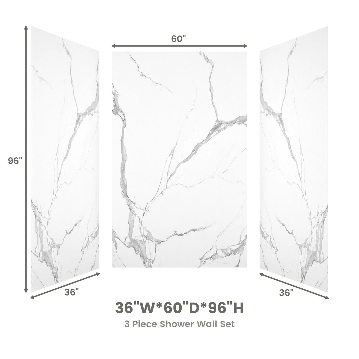 60"x36"x75"/96" Matte White with Marble Texture SMC Shower Wall Panel Kit