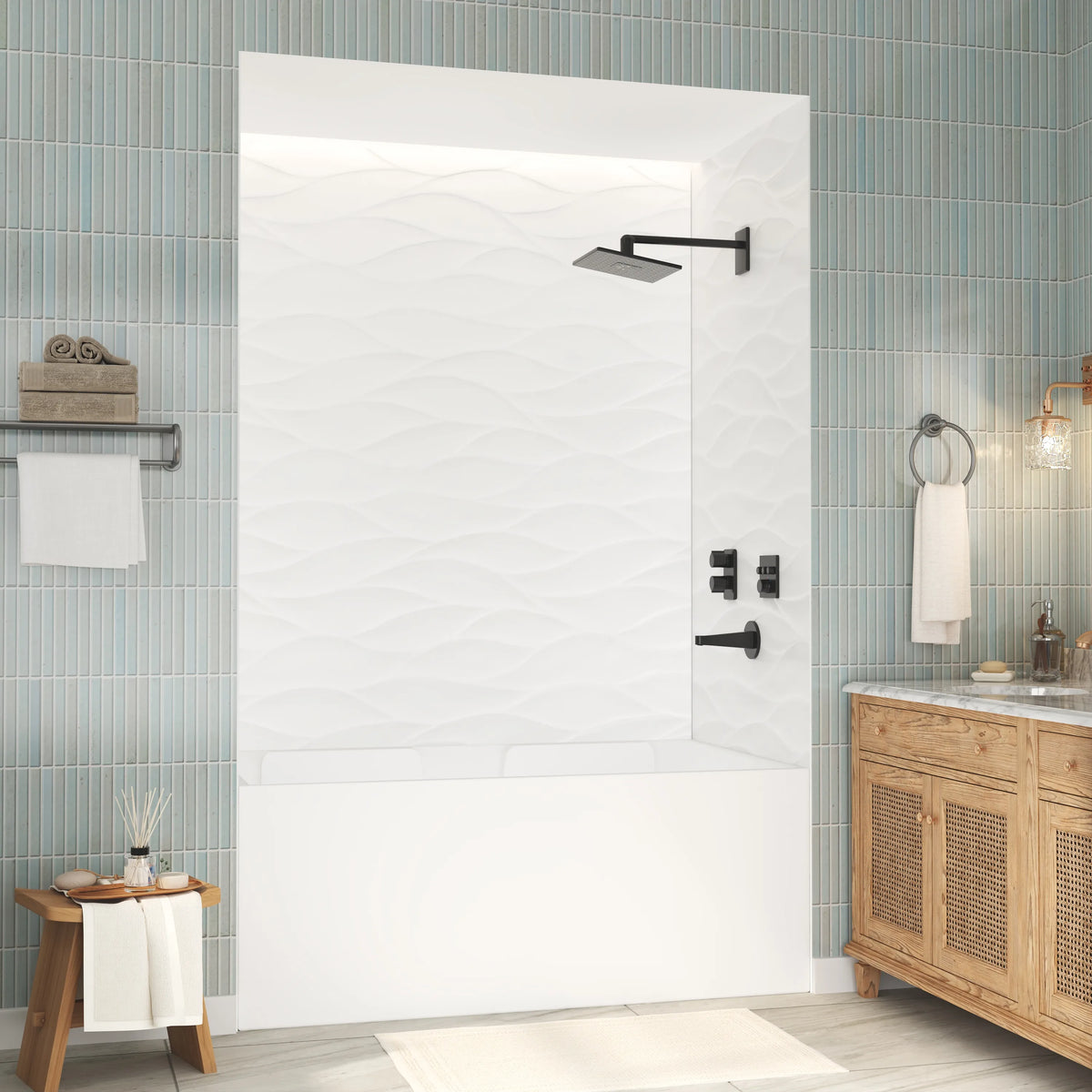 60"x36"x96" White SMC Shower Wall Panel Kit with Wave Texture, Waterproof Grout-Free Design
