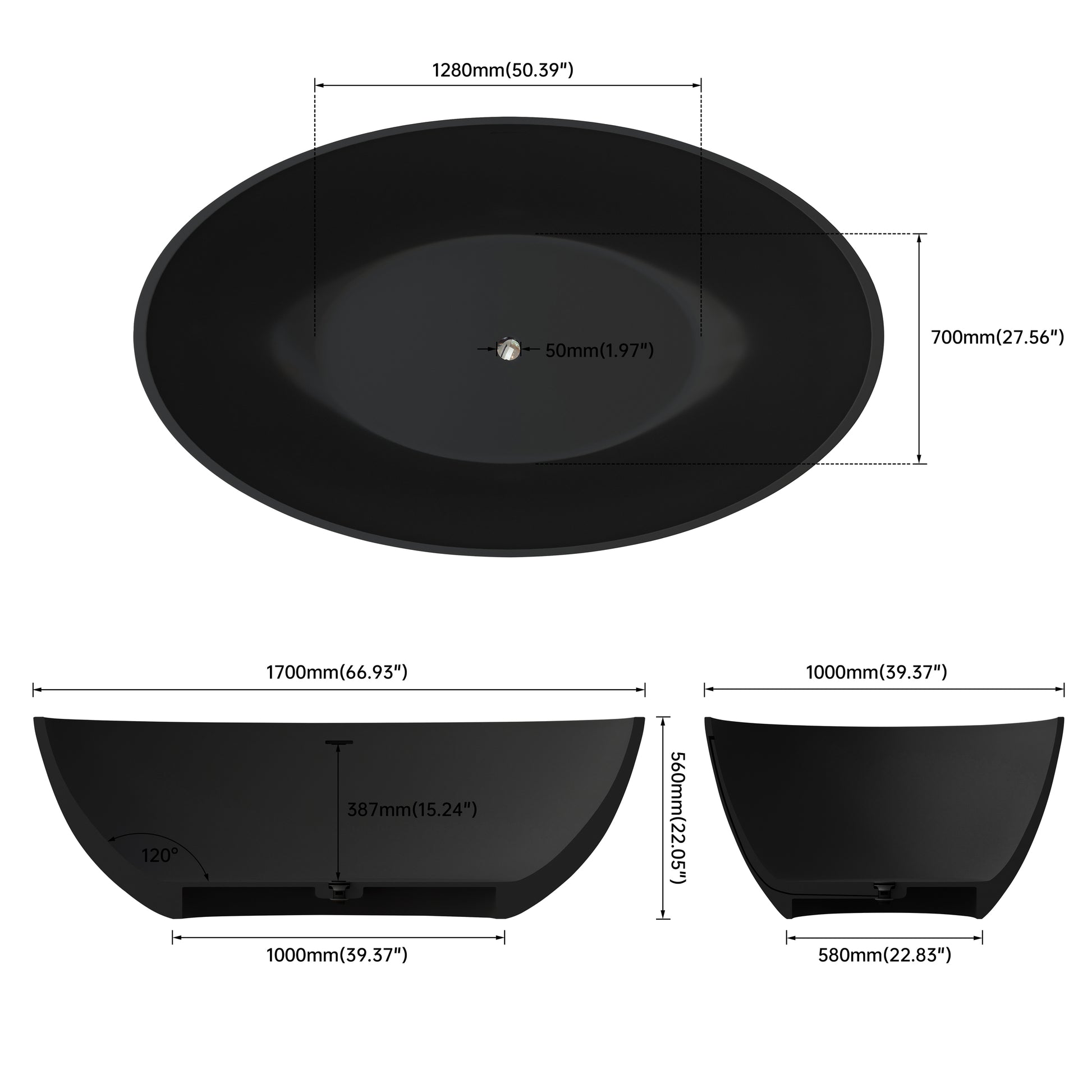 67" Matte Black Oval Solid Surface Freestanding Bathtub with Overflow and Central Drain