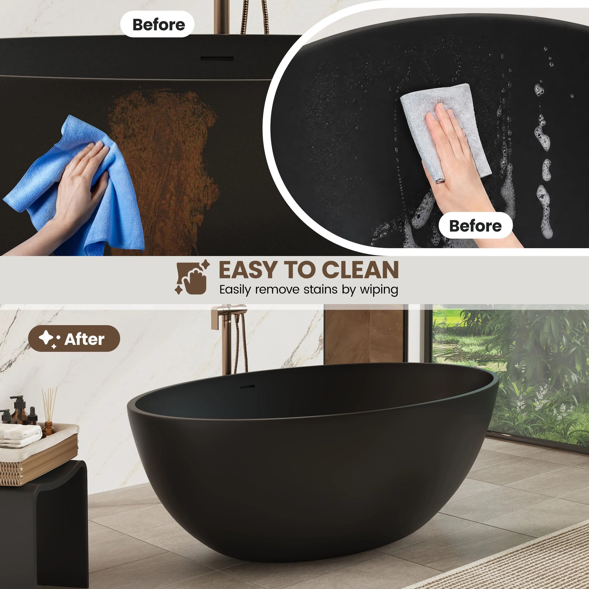 67" Matte Black Oval Solid Surface Freestanding Bathtub with Overflow and Central Drain