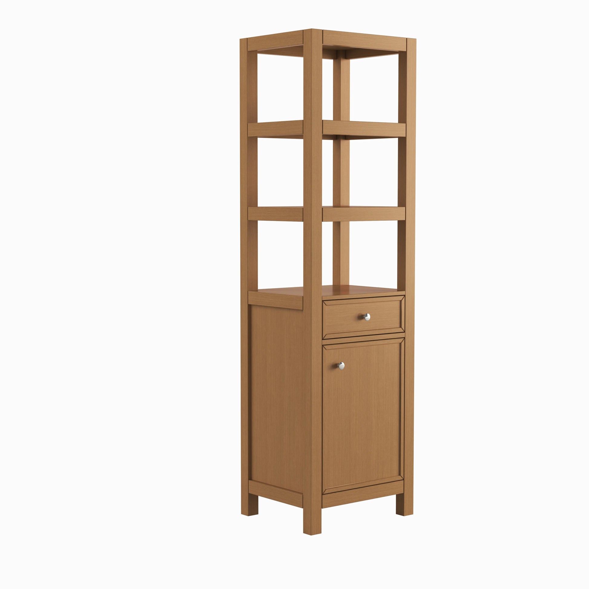 71" Height White Oak Grain Tall Bathroom Side Cabinet with Open Shelves and Drawer