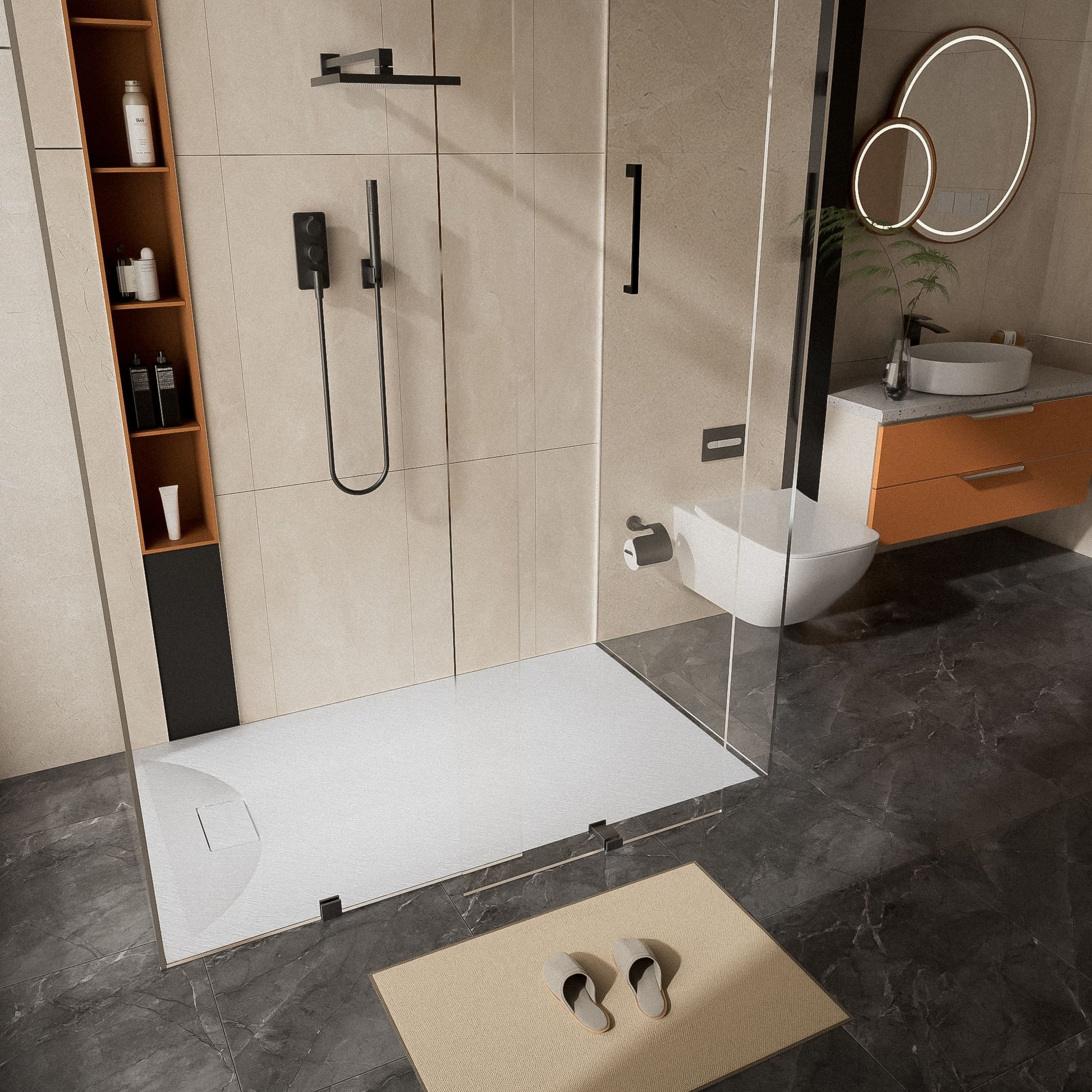 Curbless SMC Shower Base with Flamed Rock Slip-Resistant Surface, Reversible Drain