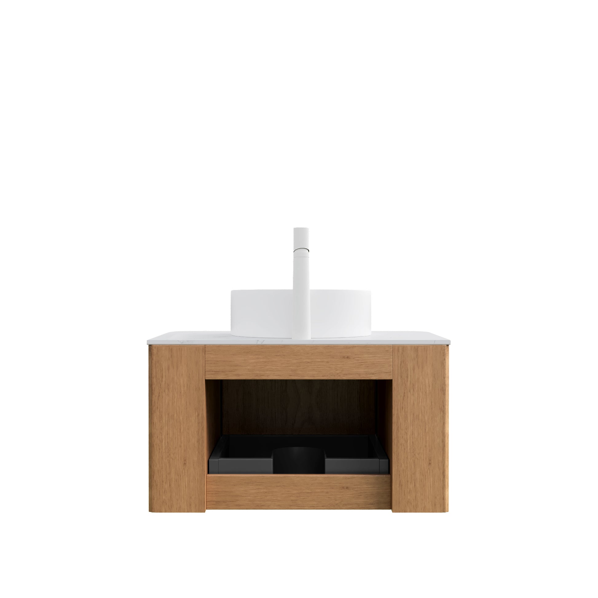 Floating Bathroom Vanity with Curved Edges, Fluted Drawer Fronts, Carrara Sintered Stone Top and Round Ceramic Vessel Sink, Natural Woodgrain / Dark Walnut
