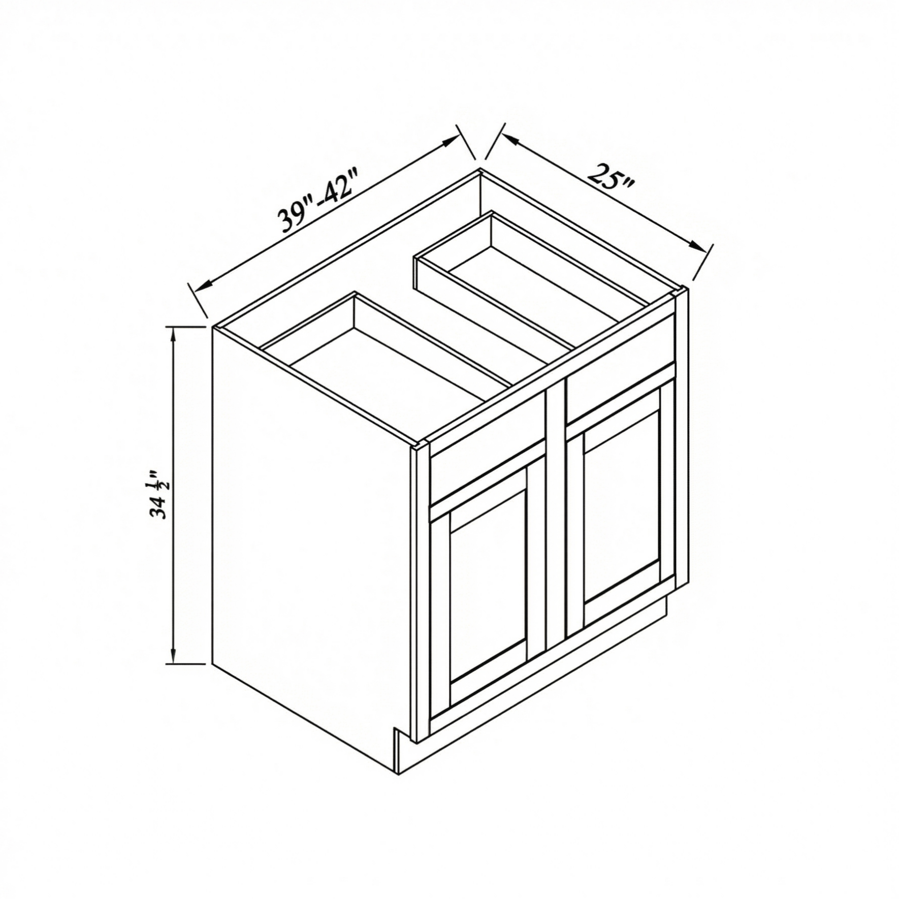 Inset Hazelnut Oak RTA 39-42"W x 34.5"H x 25"D 2-Size Double Drawers Base Cabinet with 2 Doors