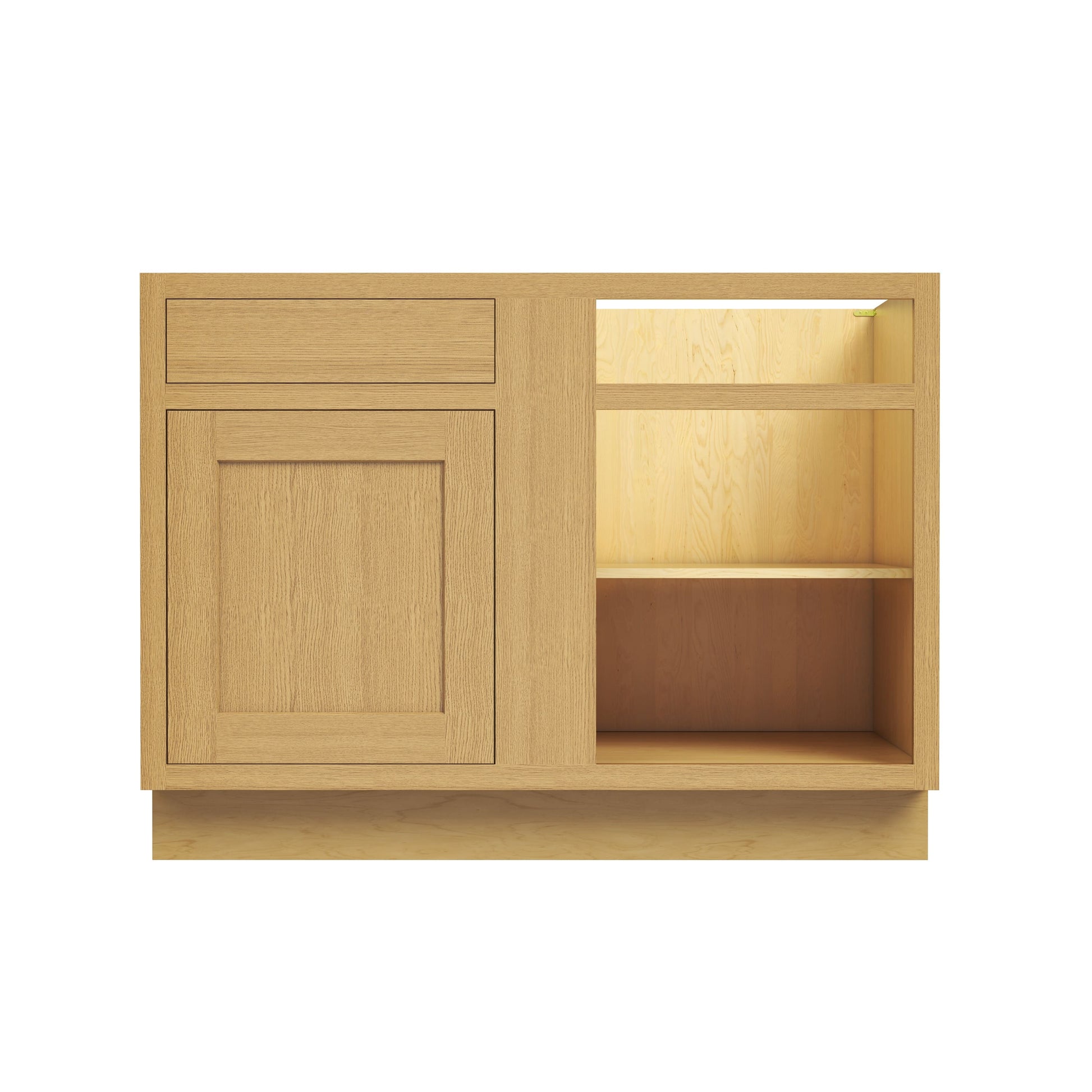 Inset Hazelnut Oak RTA 40-46"W x 34.5"H x 25"D 3-Size Blind Corner Base Cabinet with 1 Door, 1 Drawer and 1 Shelf