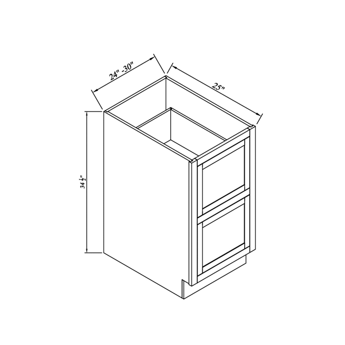 Inset Origami White RTA 24-30"W x 34.5"H x 25"D 2-Size Base Cabinet with 2 Drawers