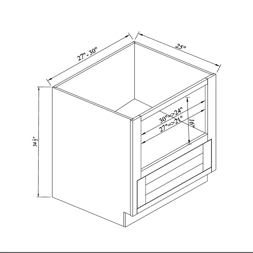 Inset Origami White RTA 27-30"W x 34.5"H x 25"D 2-Size Drawer Base Cabinet with Microwave Opening